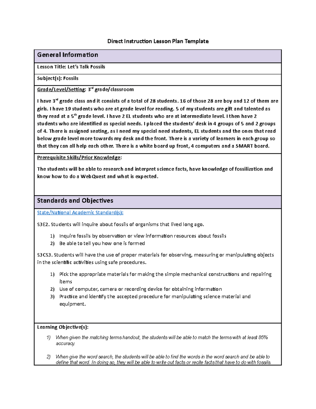 Fossil lesson Plan task 1 Direct Instruction Lesson Plan Template General Information Lesson