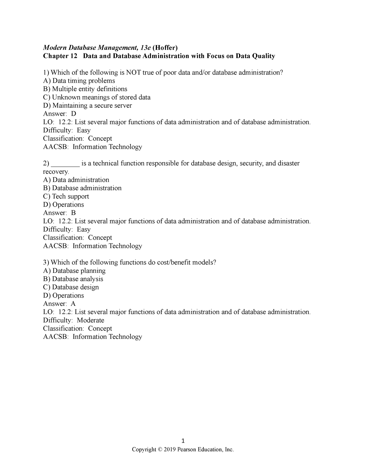 Chapter 12 - TestBank - Modern Database Management, 13e (Hoffer ...