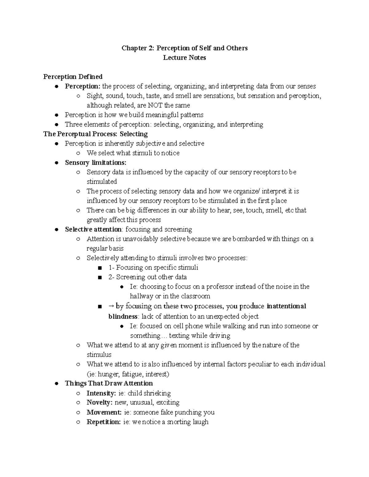 Chapter 2 Lecture Notes - Chapter 2: Perception of Self and Others ...