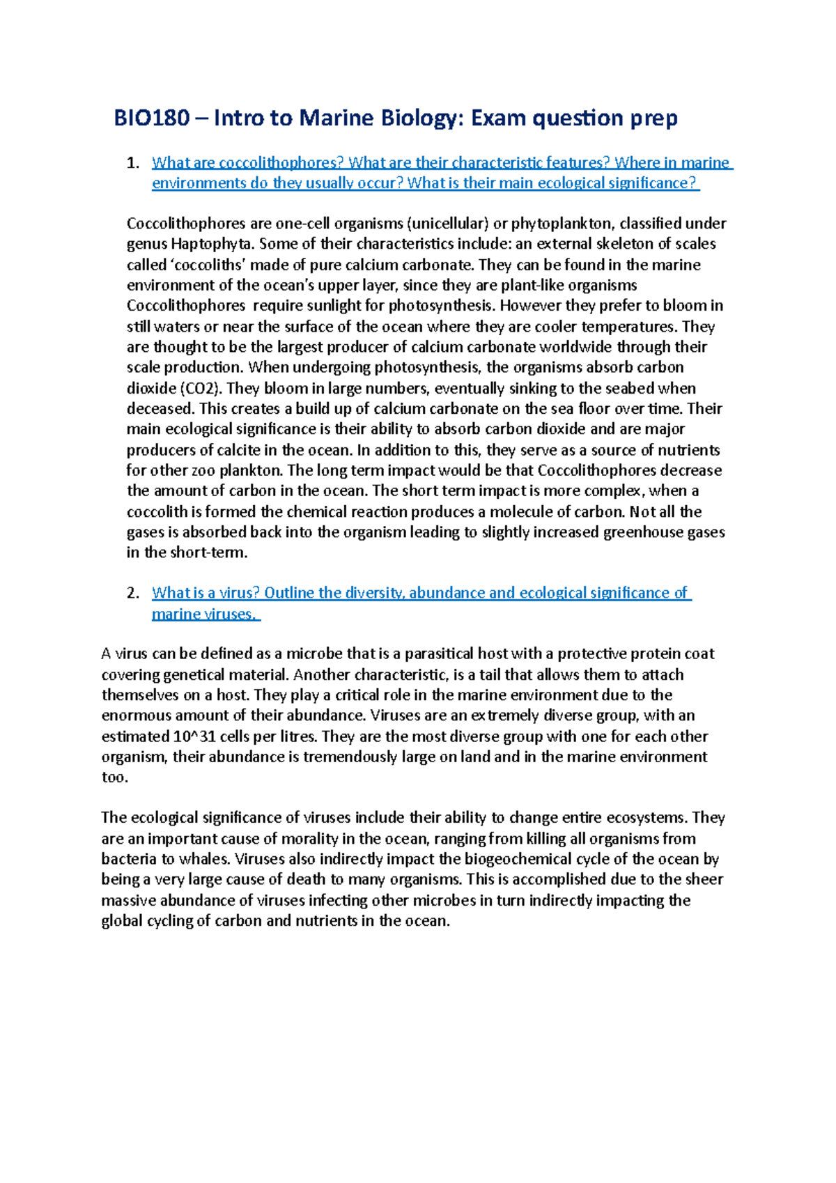 Sample/practice exam 28 June 2019, questions and answers BIO180