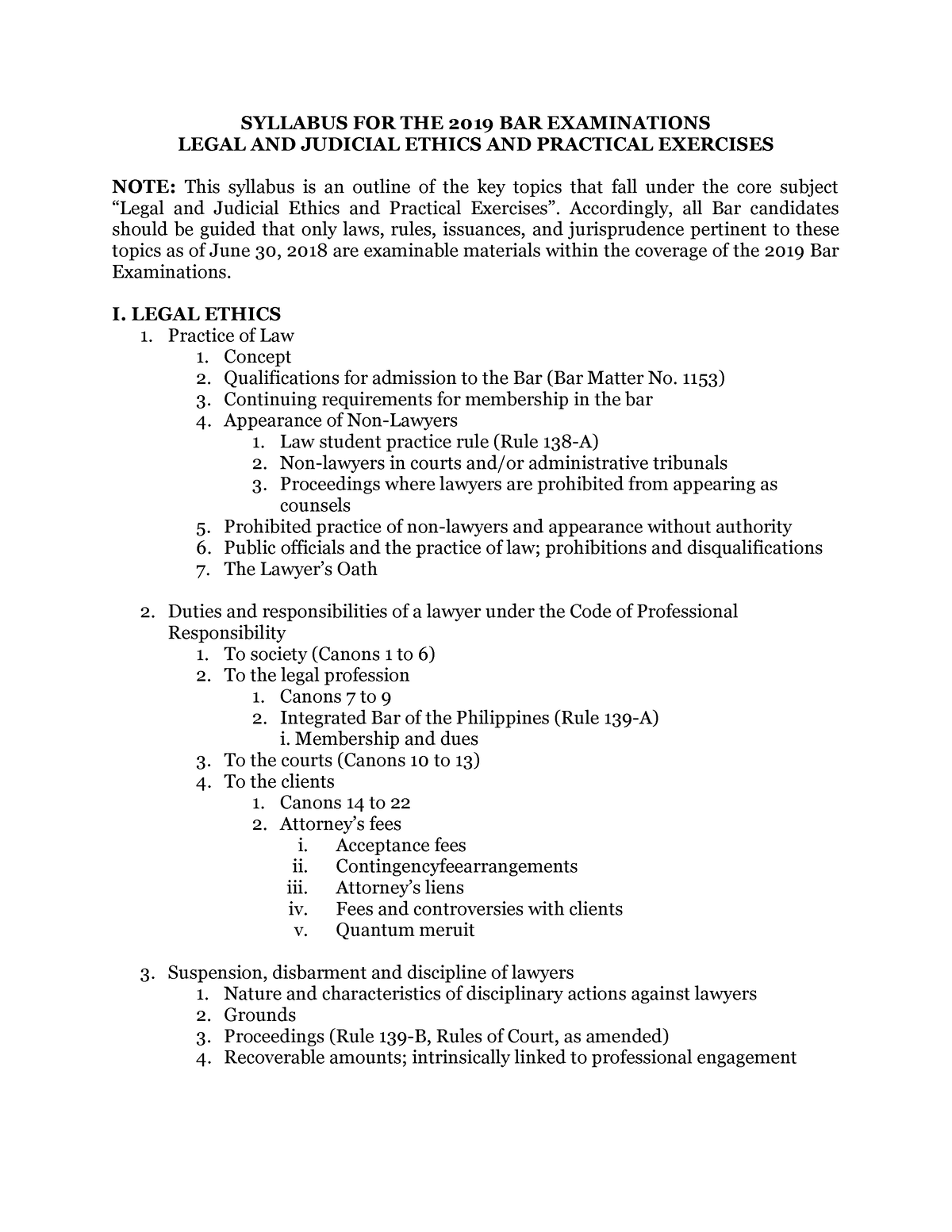 2019 BAR Examinations Syllabus SYLLABUS FOR THE 2019 BAR EXAMINATIONS