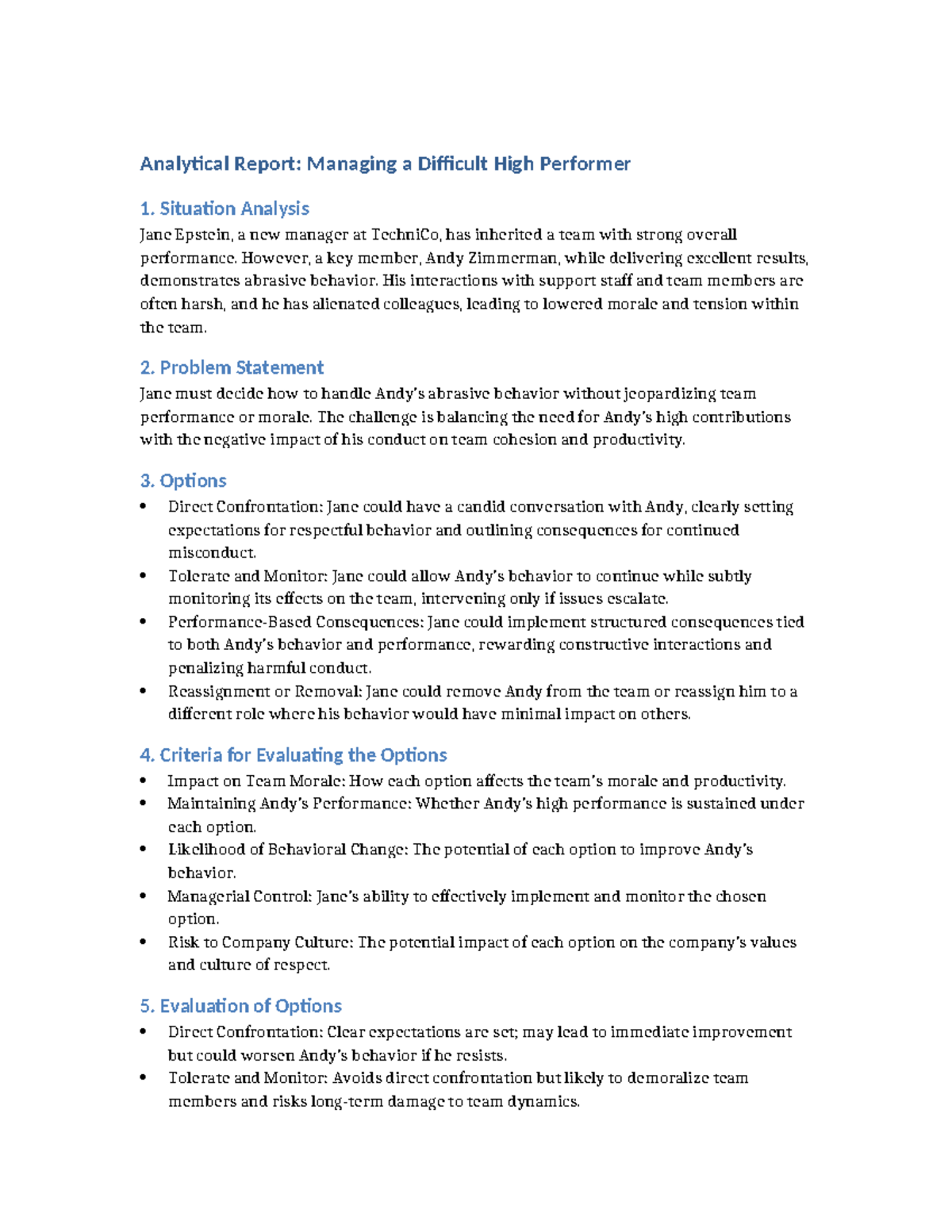 Analytical Report Managing a Difficult High Performer - Situation ...