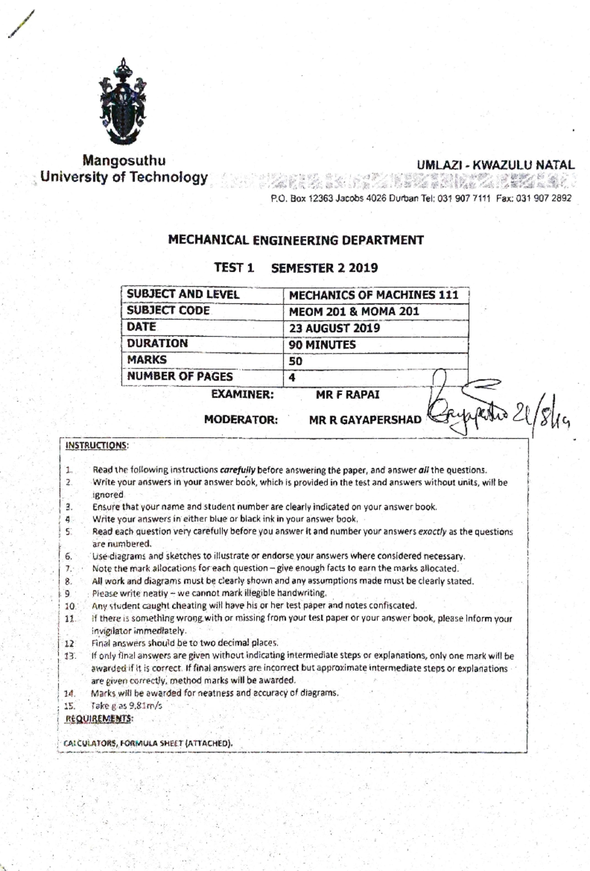 MEMO201 - November 2019 Test1 - Mangosuthu University of Technology ...