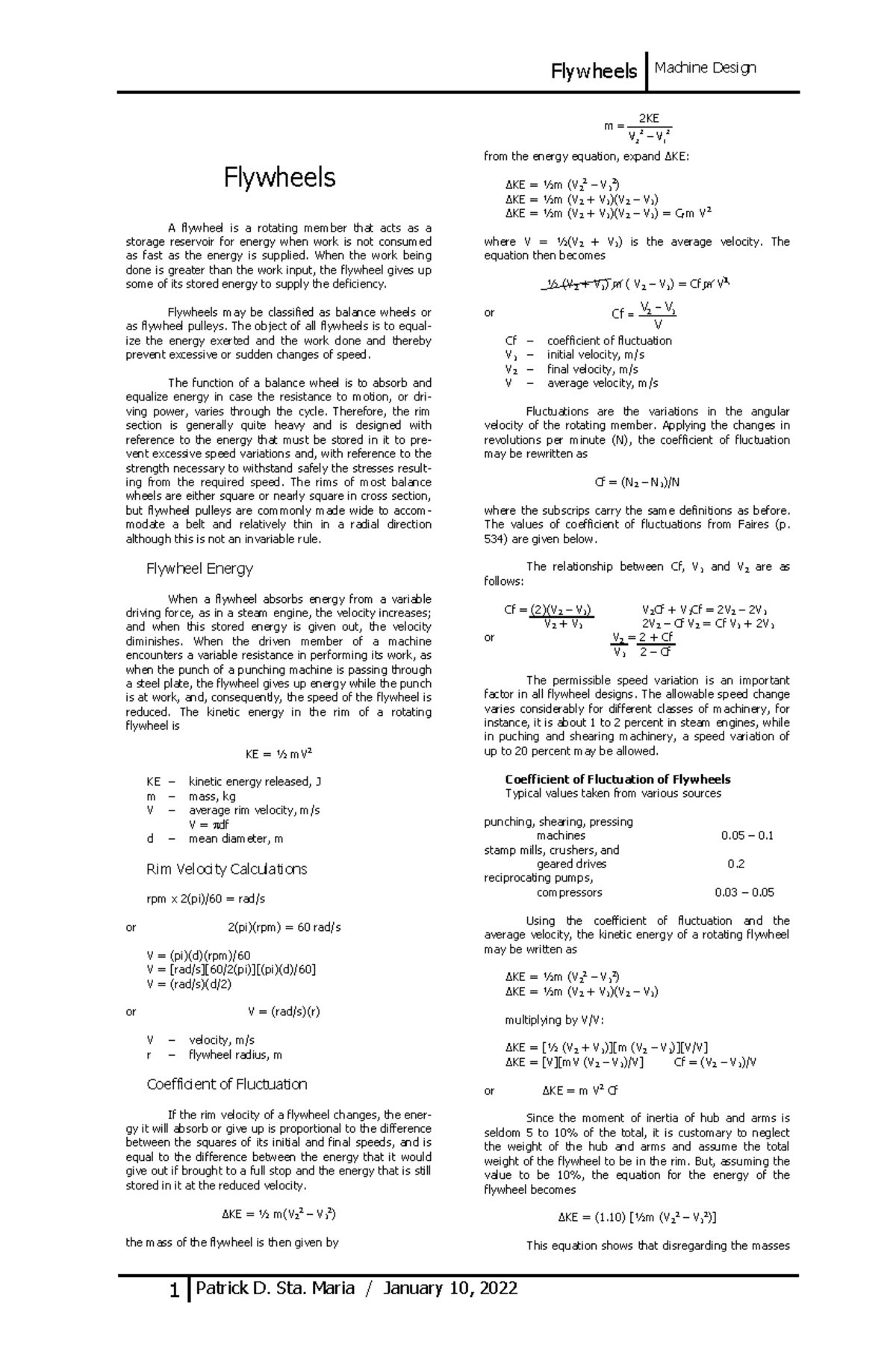 Flywheels LESSON Flywheels Machine Design 1 Patrick D. Sta. Maria