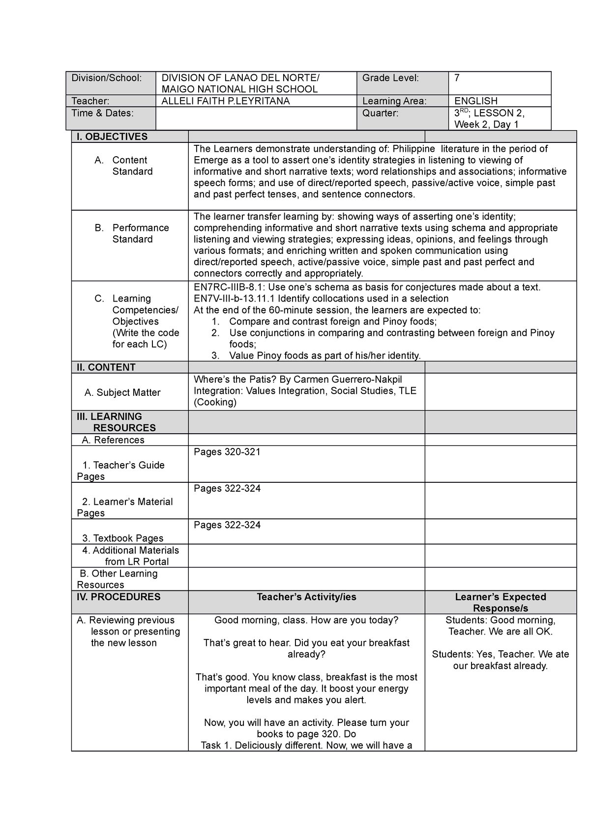 DLP English 7 Leyritana 2019 L2 - Division/School: DIVISION OF LANAO ...