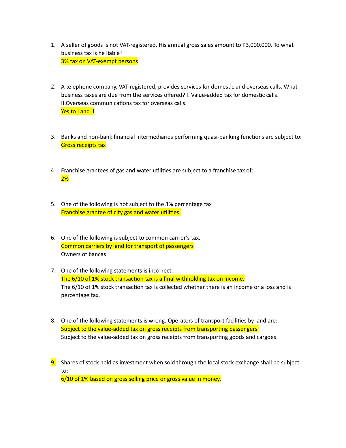 Percentage Tax Quiz - A Seller Of Goods Is Not VAT-registered. His ...