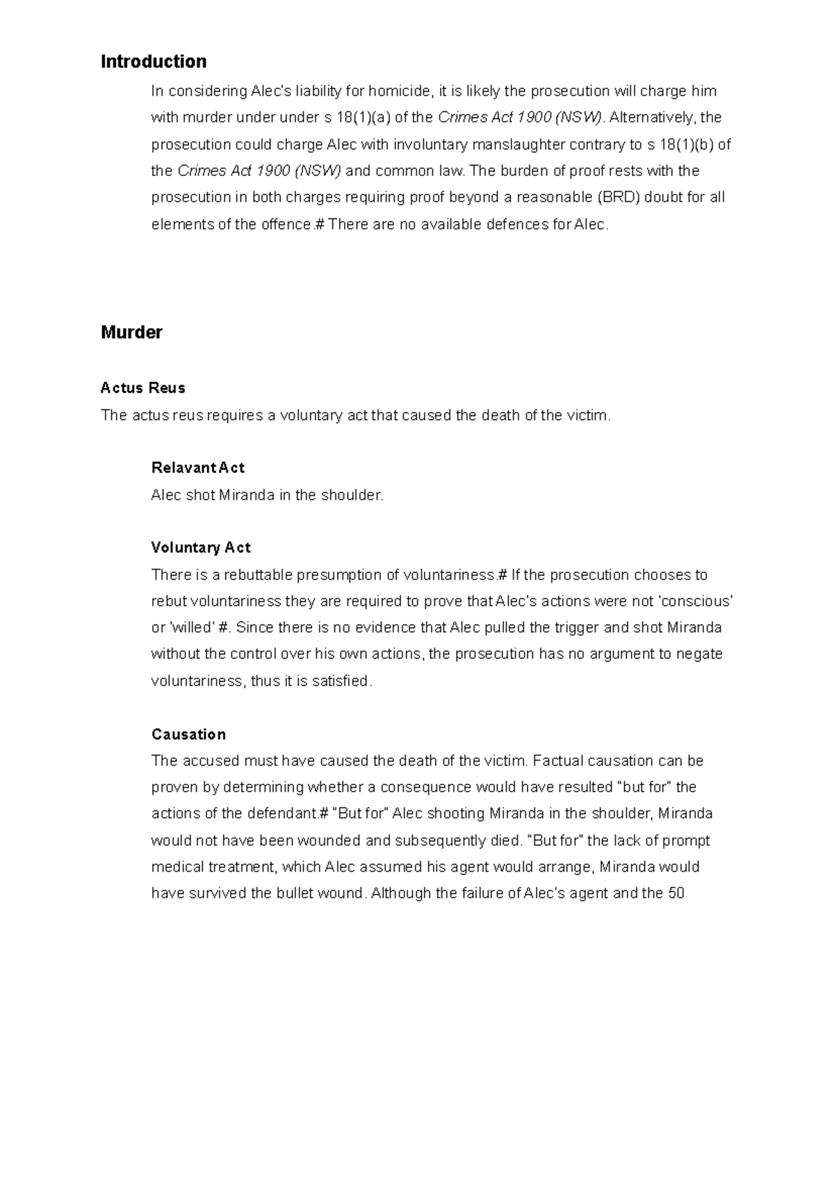 Crim Law Assignment - Introduction In considering Alec’s liability for ...