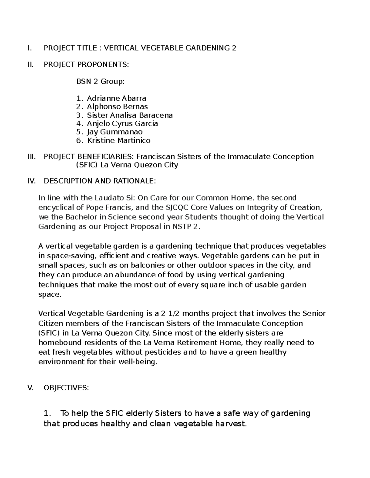 BSN 2 Group Project Proposal I. PROJECT TITLE VERTICAL VEGETABLE
