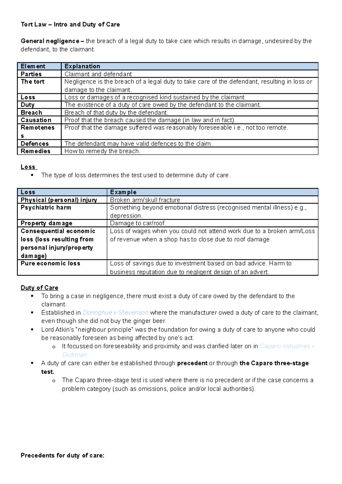Principles of Duty of Care - Tort Law – Intro and Duty of Care General ...