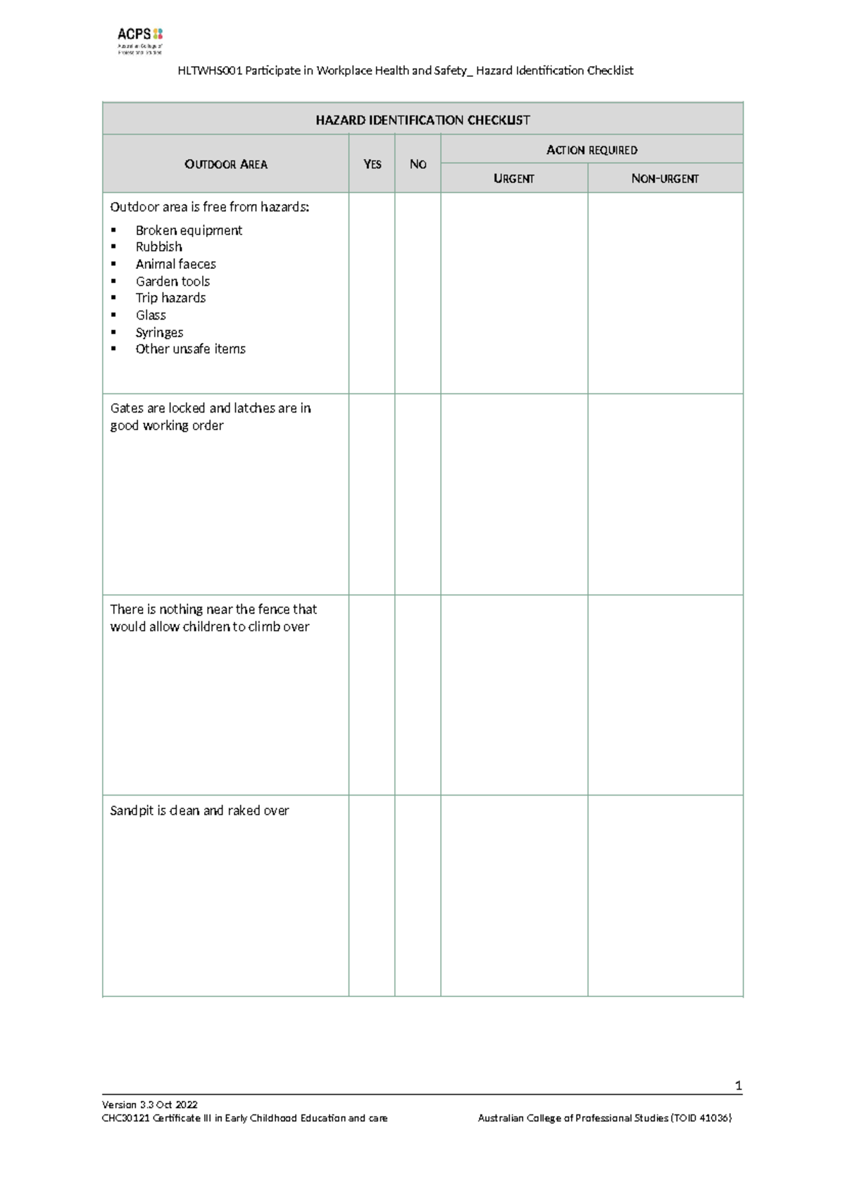 Hltwhs 001 Hazard Identification Checklist - HLTWHS001 Participate In ...