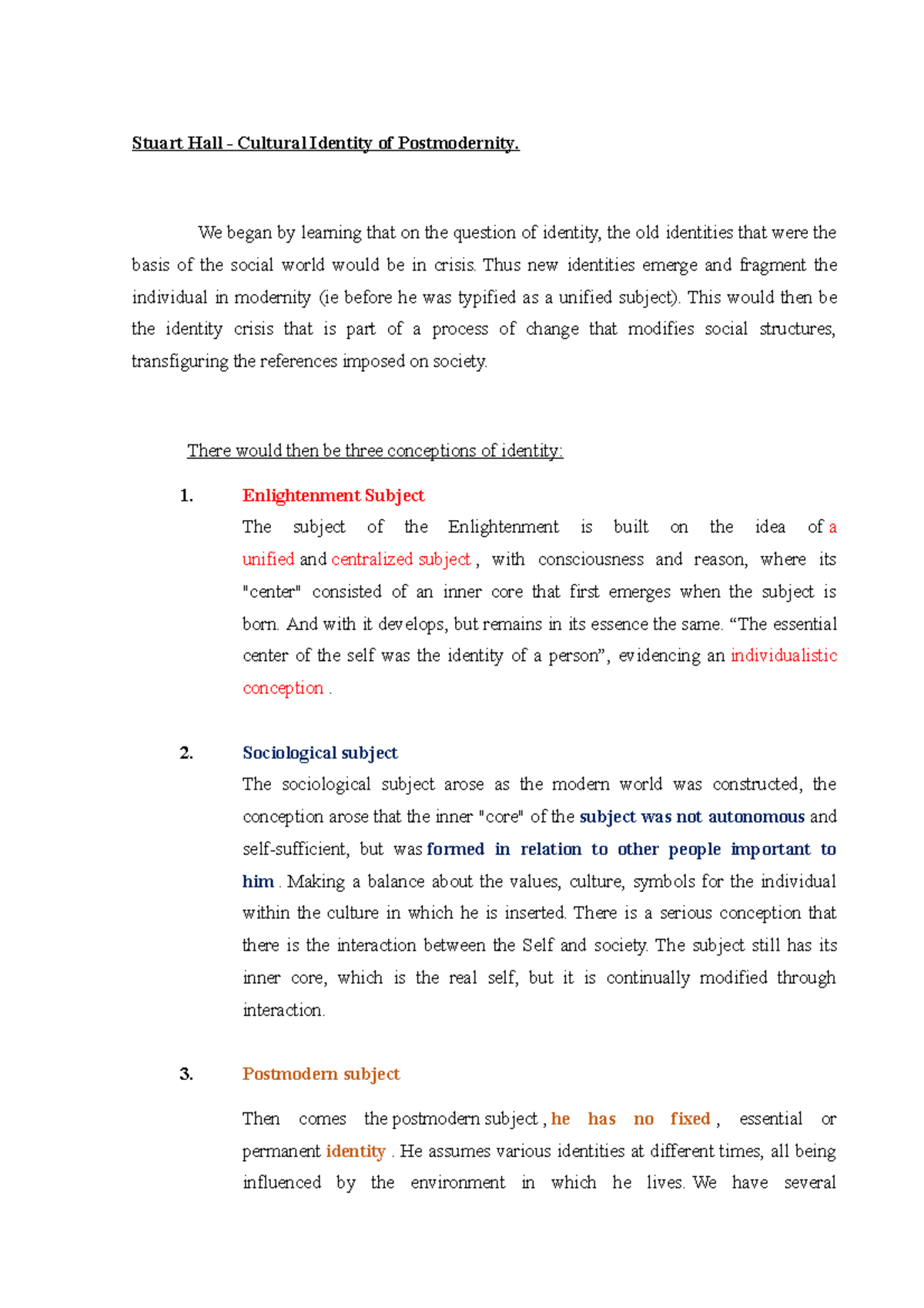 Stuart Hall class notes Stuart Hall Cultural Identity of