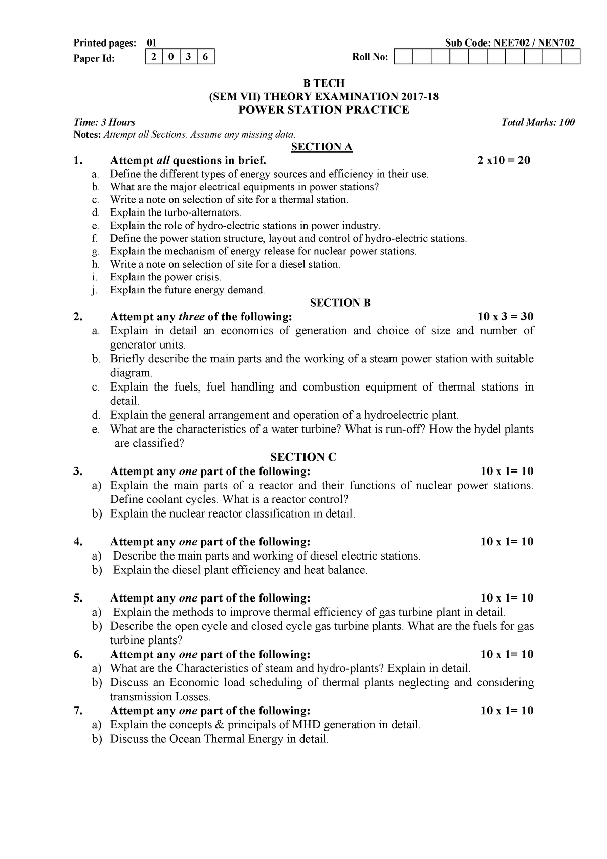 Power Station Practice Nee 702 Nen 702 - Printed Pages: 01 Sub Code 