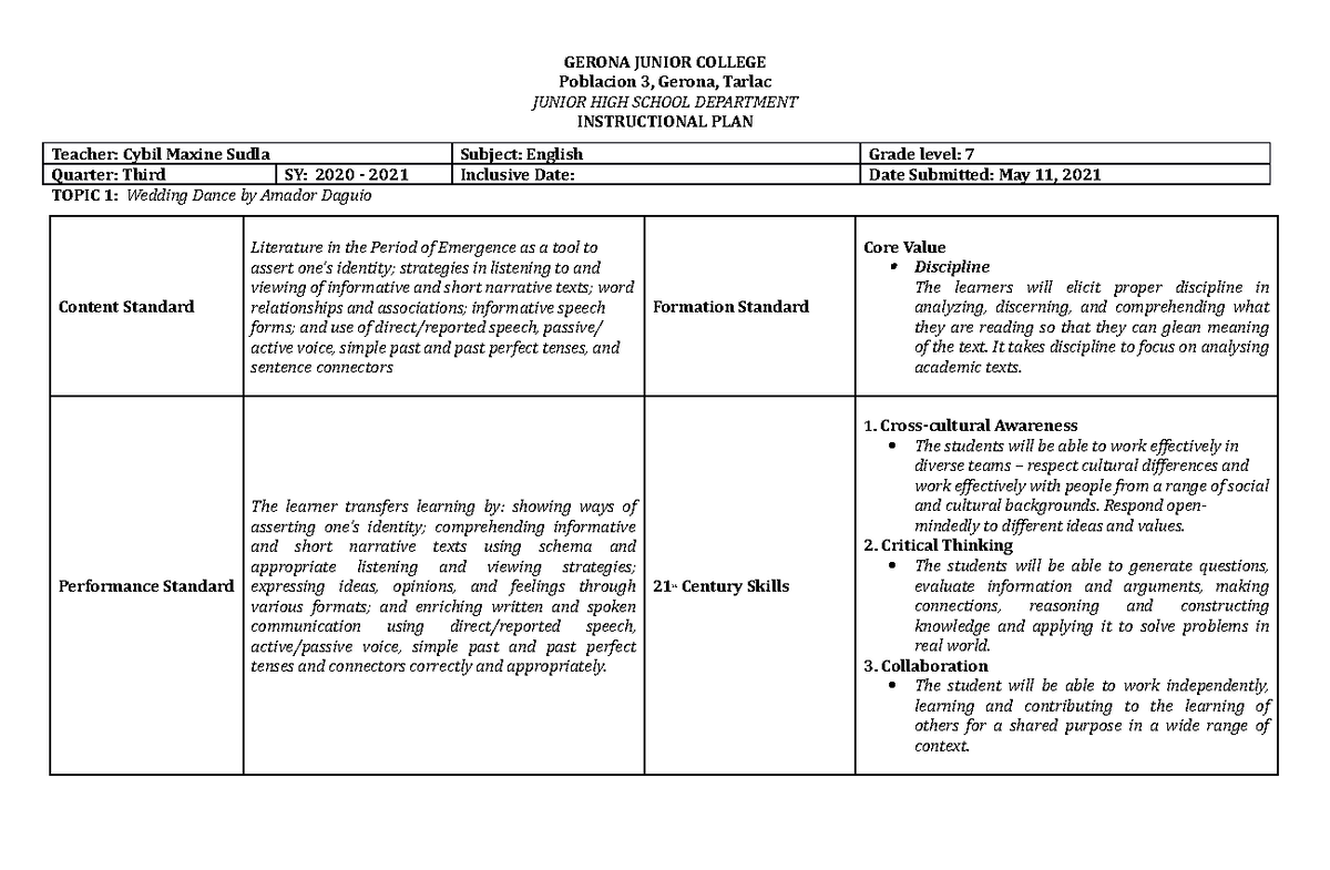 Lesson Plan in the literature Wedding Dance - GERONA JUNIOR COLLEGE ...