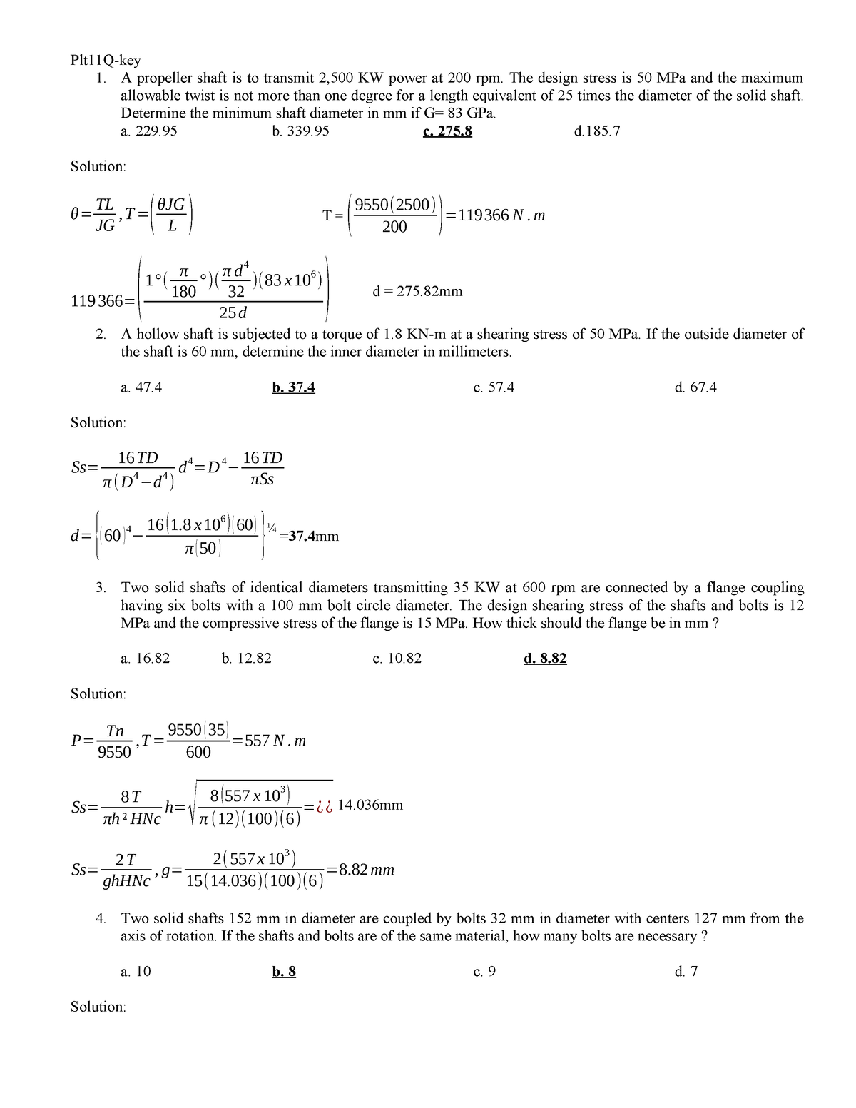 MACHINE DESIGN PRACTICE - Plt11Q-key 1. A propeller shaft is to ...