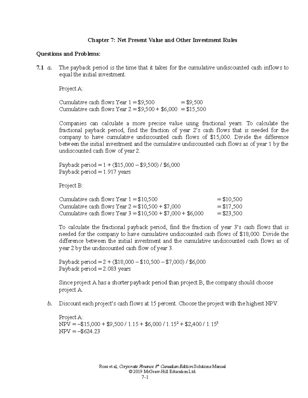 Ross CF 8ce SM Ch07 - Chapter 7: Net Present Value And Other Investment ...