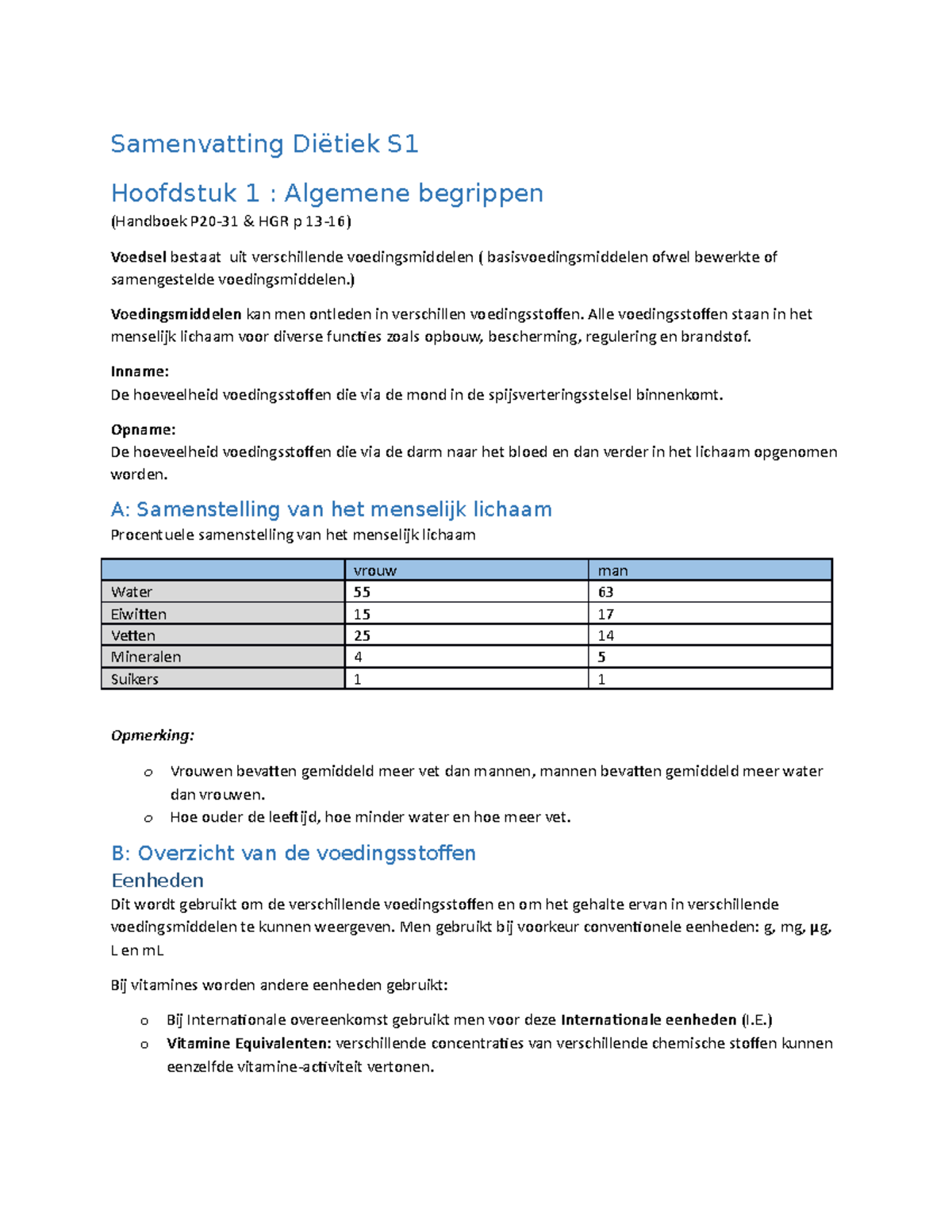 Samenvatting Diëtiek Van Het Eerste Semester Samenvatting Diëtiek S