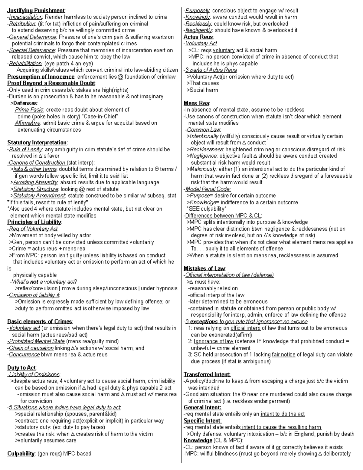 Crim Law Midterm Course Summary - Justifying Punishment: Incapacitation ...