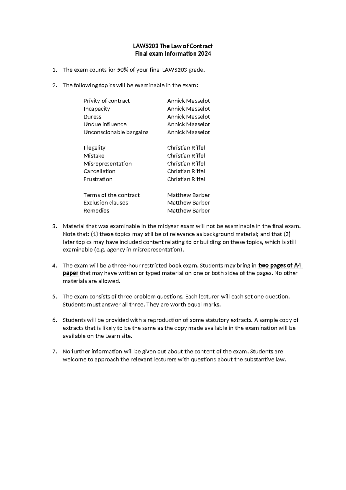 Final exam information 2024 - LAWS203 The Law of Contract Final exam ...