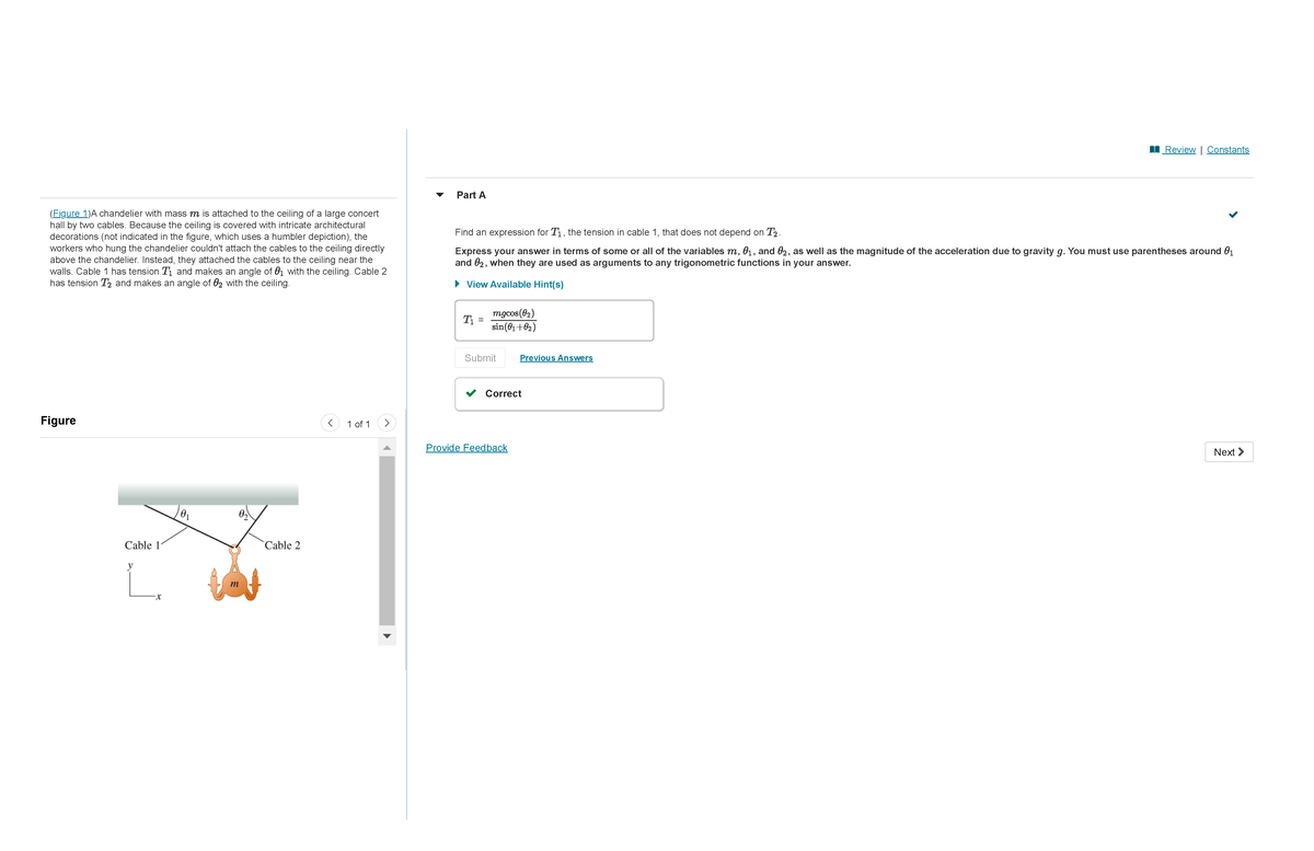 Mastering Physics Ch 05 HW Hanging Chandelier 1 of 1 Next (Figure 1
