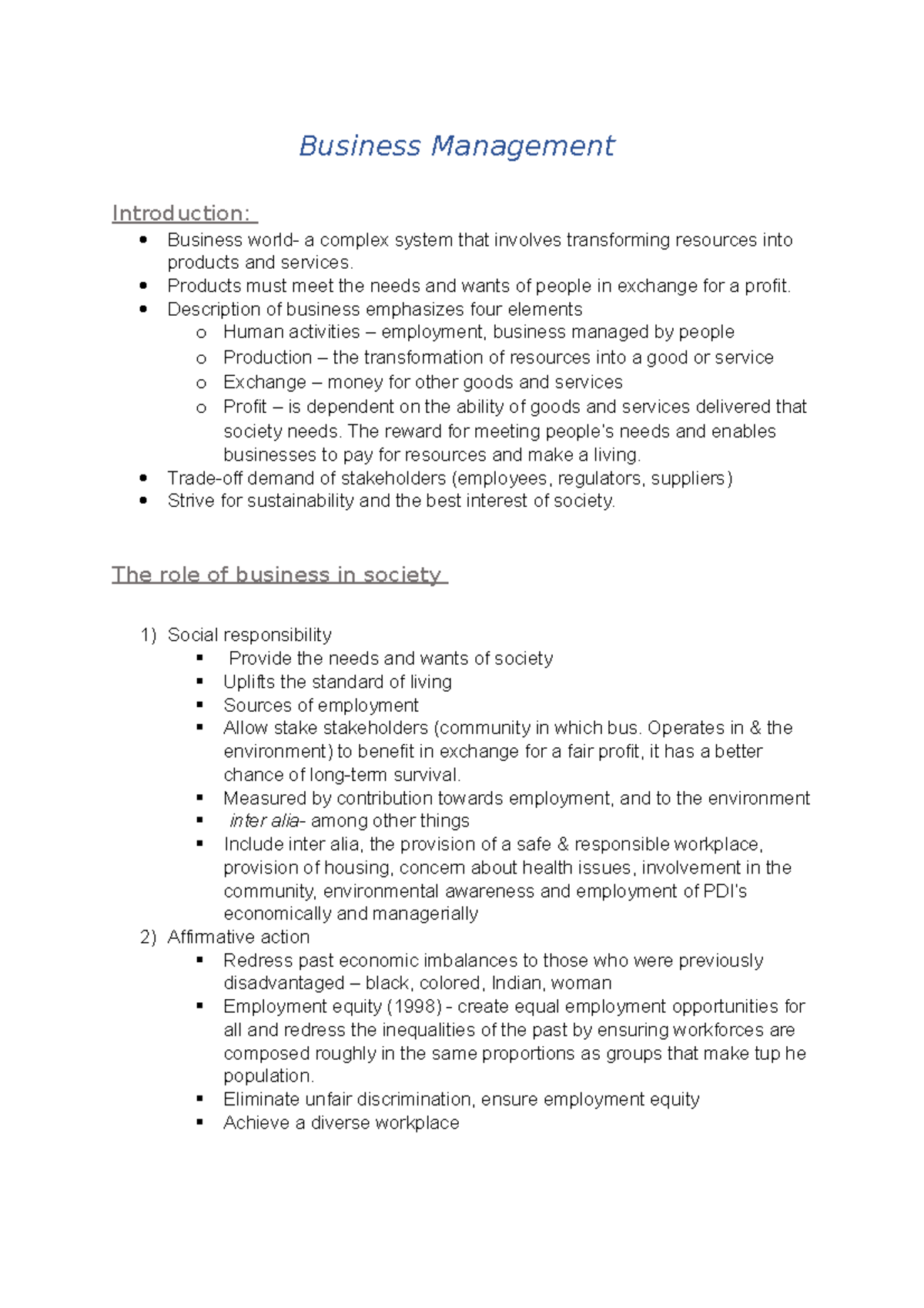 Business Management Notes - Business Management Introduction: Business ...