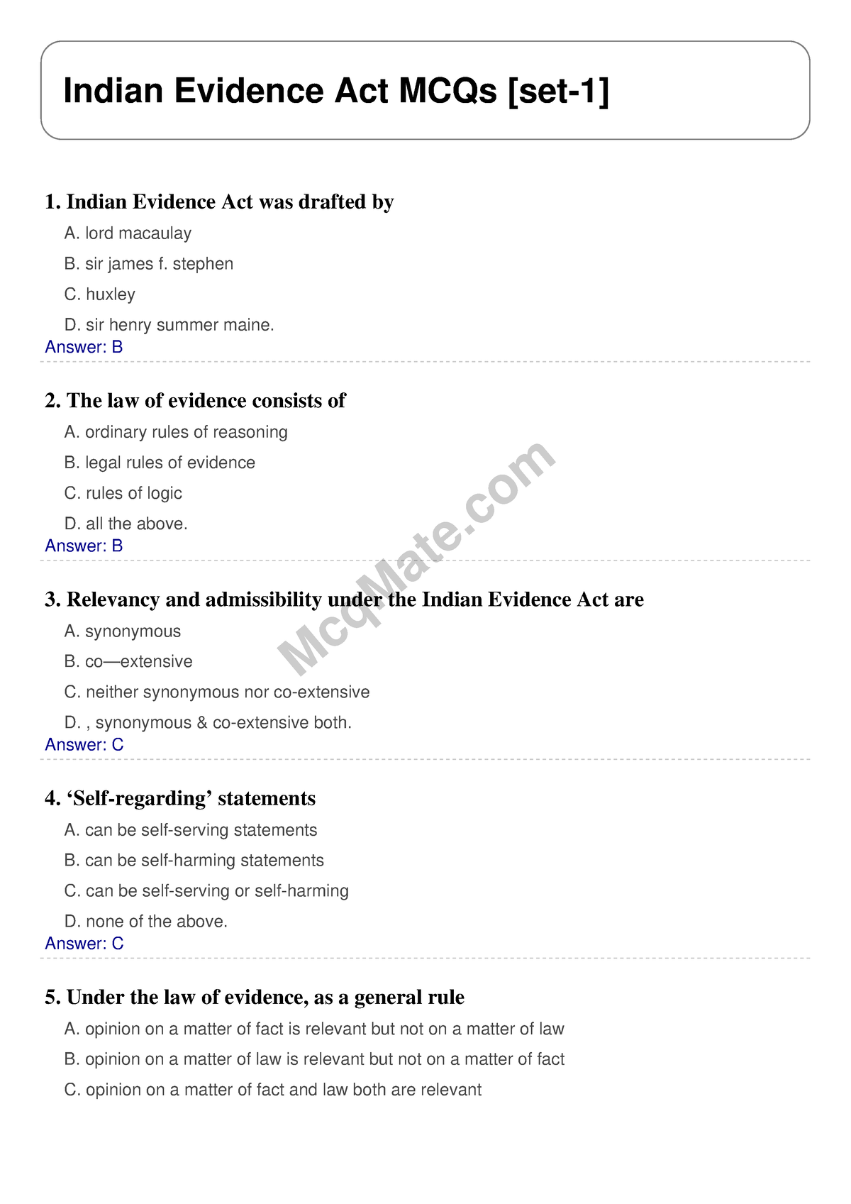 Indian Evidence Act Solved MCQs [set-1] Mcq Mate.com - McqMate Indian ...