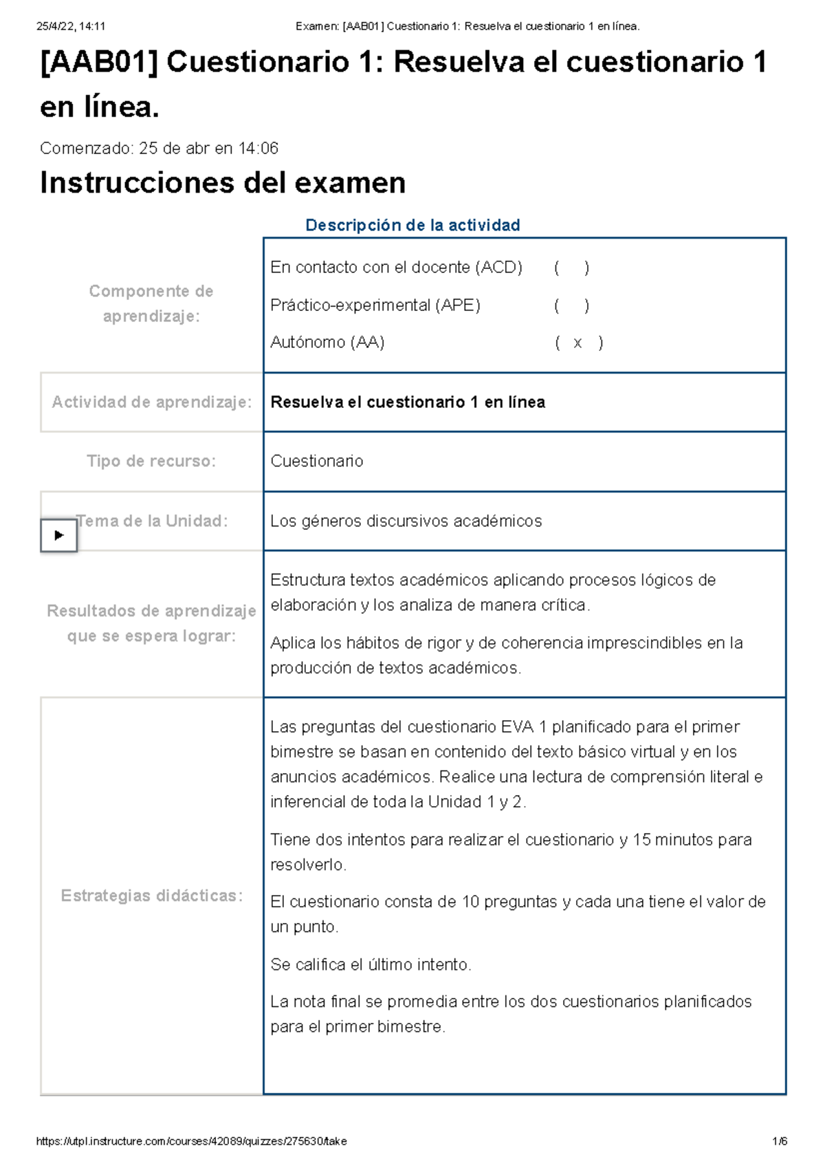 Examen [AAB01] Cuestionario 1 Resuelva El Cuestionario 1 En Línea ...