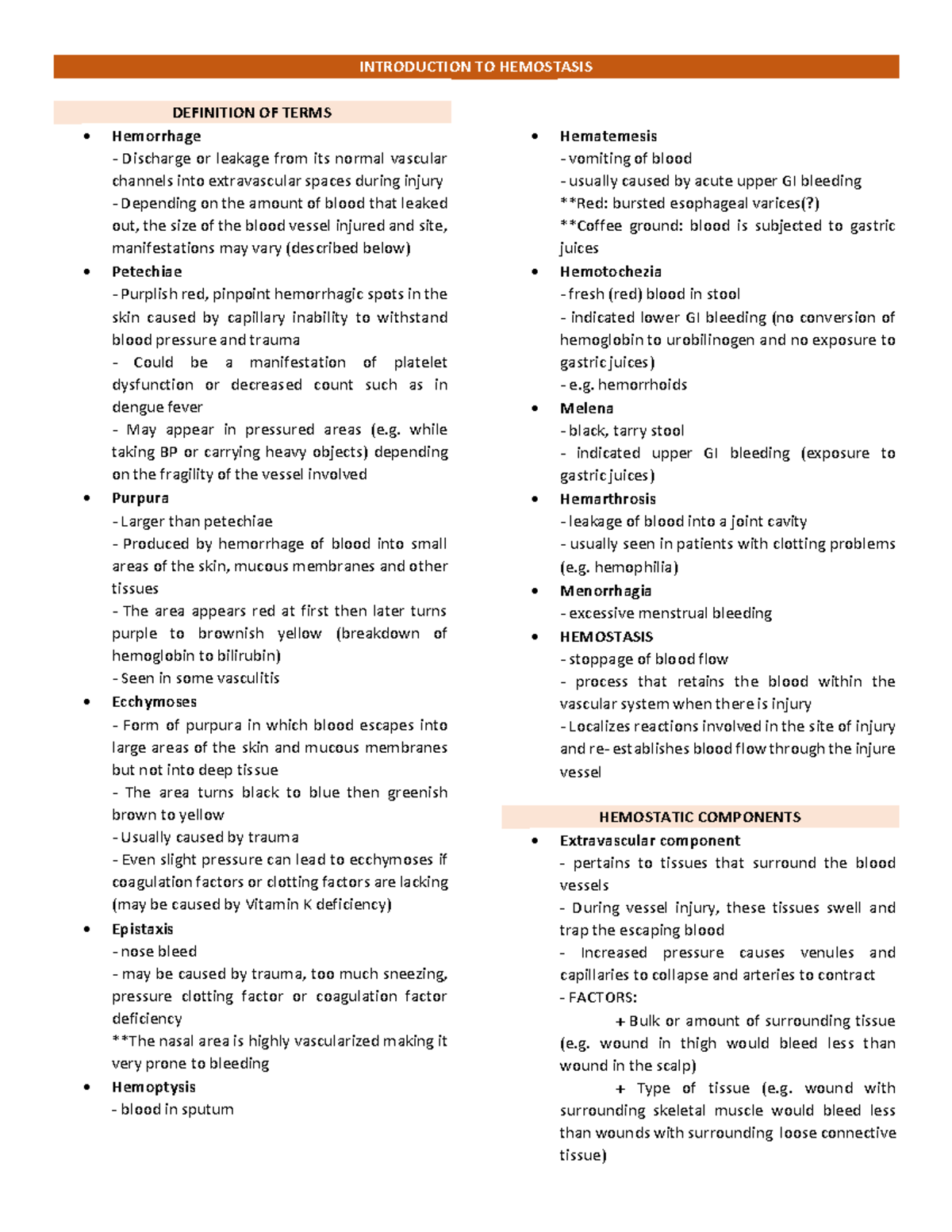 Notes in Introduction to Hemostasis INTRODUCTION TO HEMOSTASIS