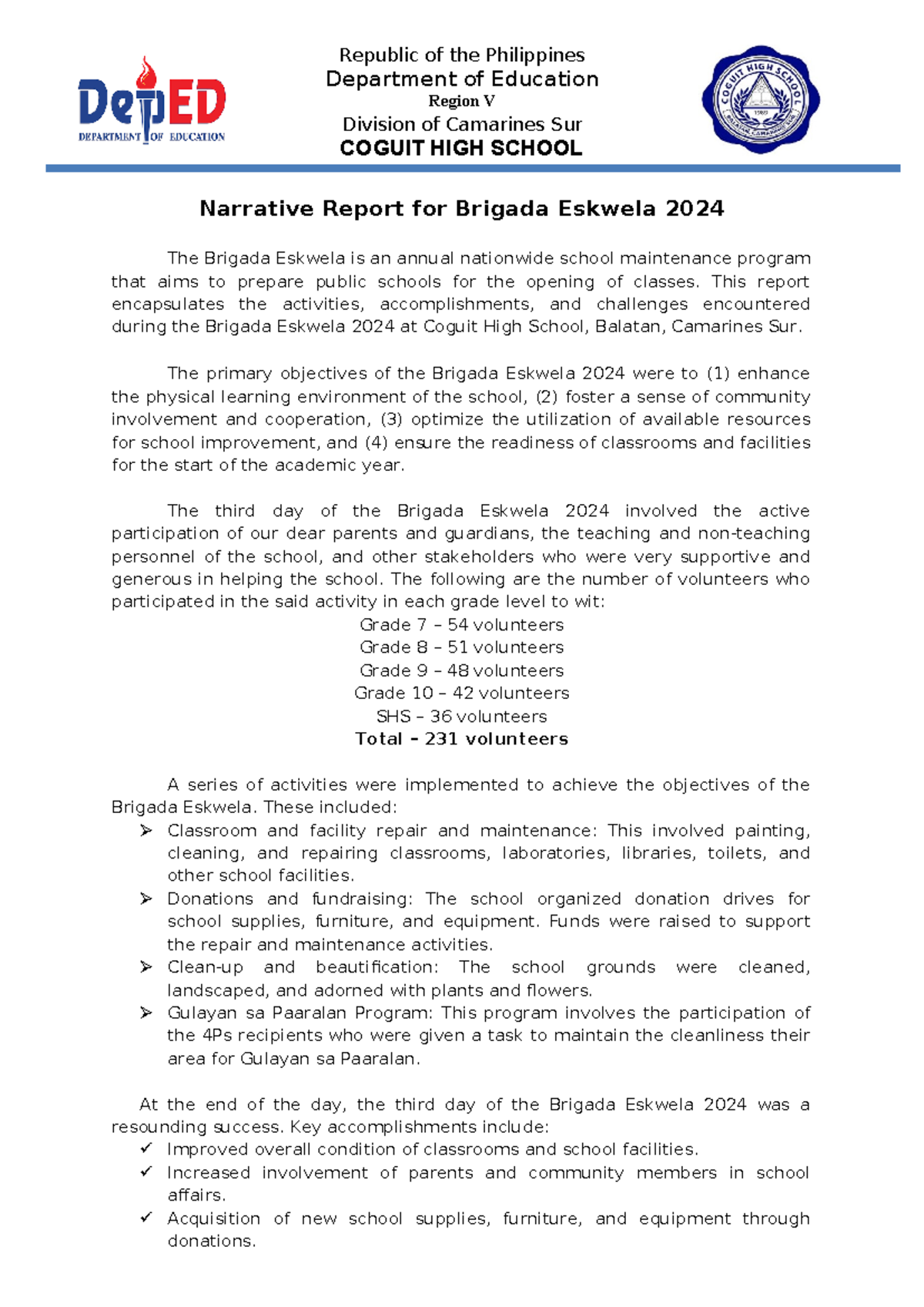 Narrative Reports on Brigada Eskwela 2024 - Republic of the Philippines ...