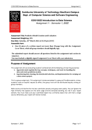 Assignment 01 v2 - Swinburne University of Technology Hawthorn Campus ...