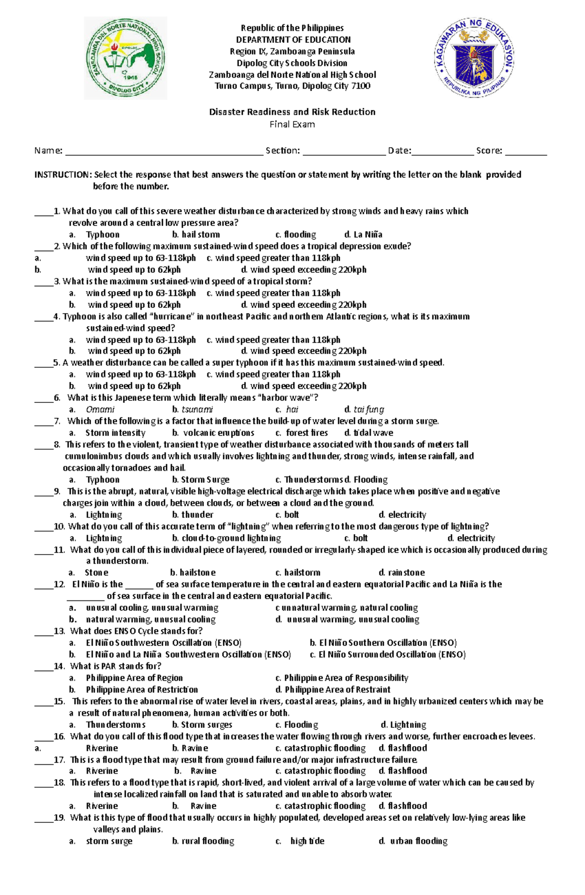 430545729 Disaster Readiness and Risk Reduction Final Exam - Republic ...