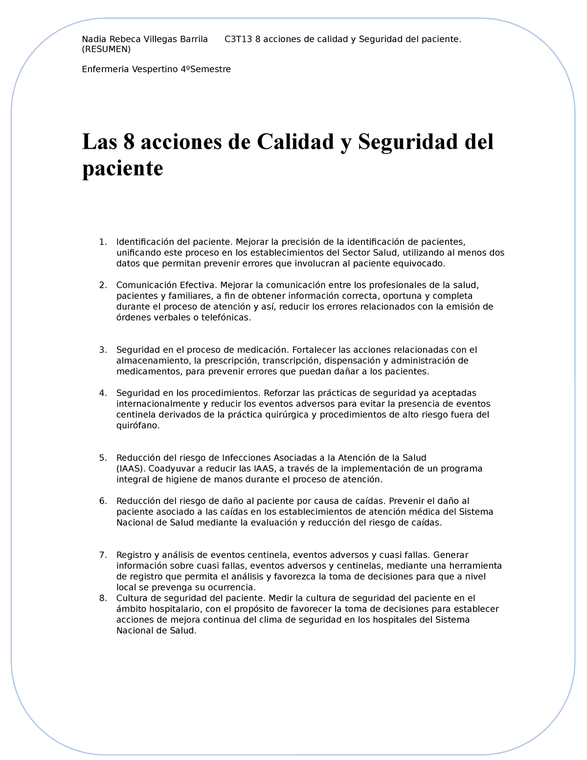 C3t13 8 Acciones De Calidad Y Seguridad Del Paciente Resumen Nadia Rebeca Villegas Barrila 2741