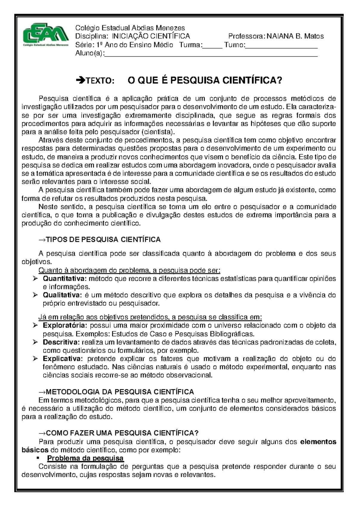 Texto o que é pesquisa cientifica com atividades - TEXTO: O QUE É ...