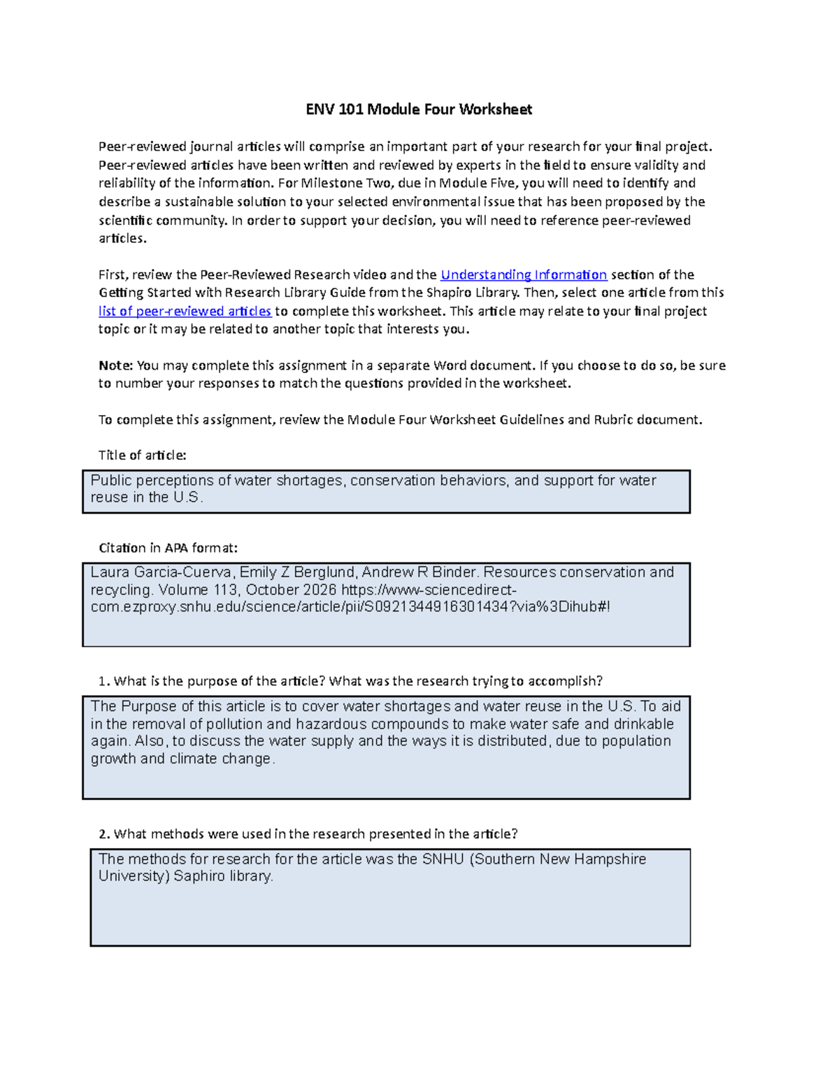 ENV 101 Module Four Worksheet - Completed - ENV 101 Module Four ...