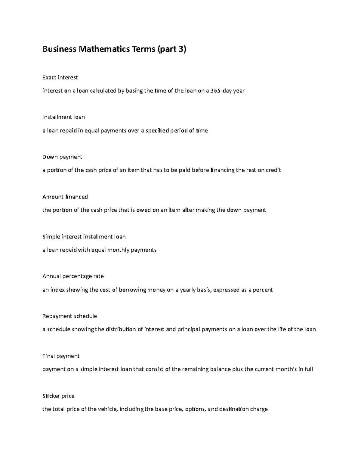 Business Mathematics Terms 3 The dealer's cost in not Usedvehicle