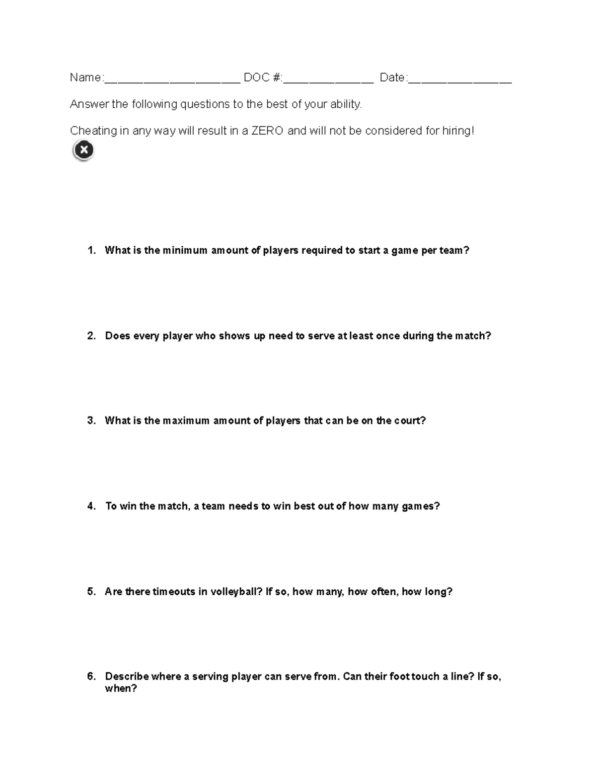 Volleyball Referee TEST Name_____________________ DOC ______________ Date