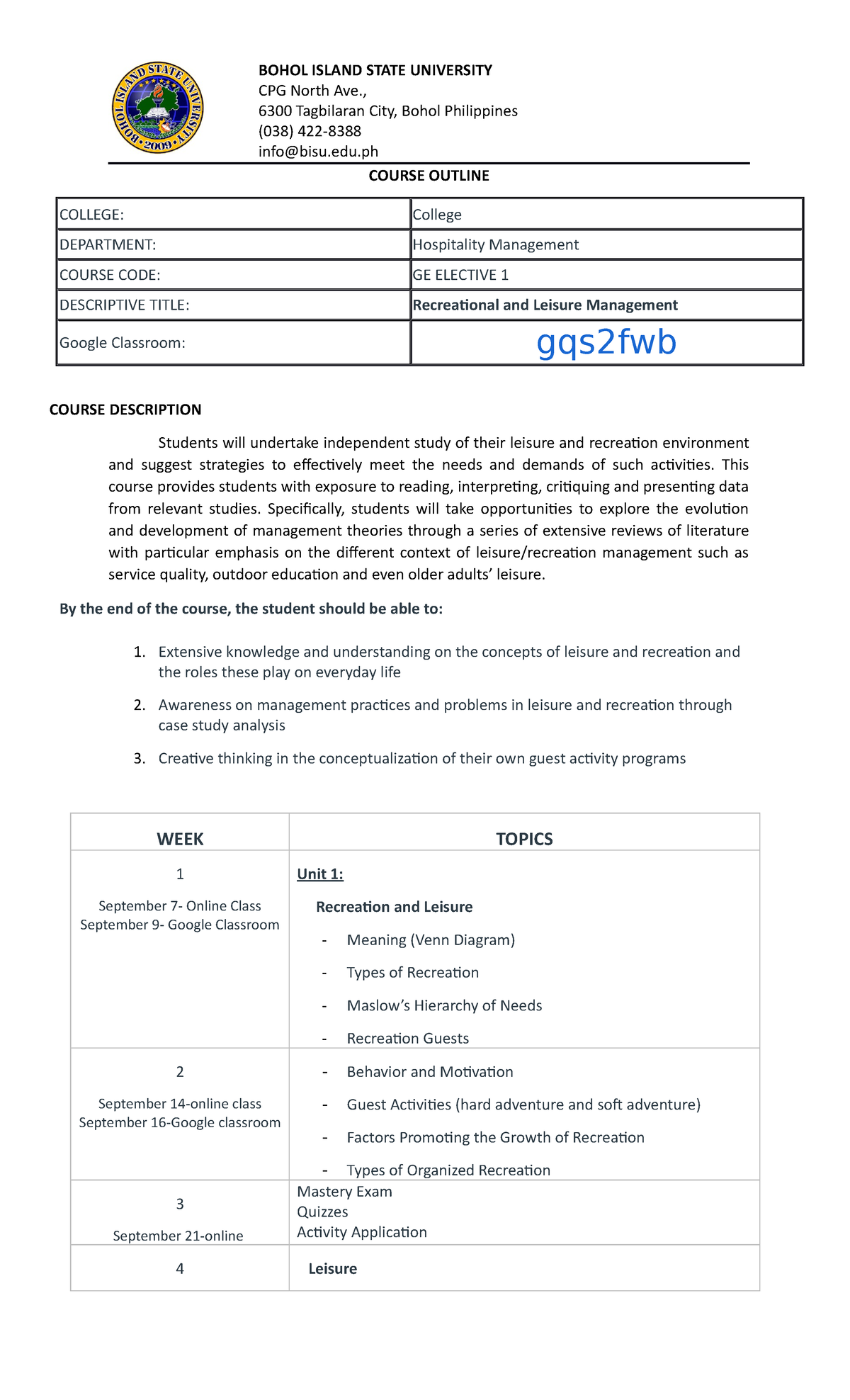 Course Outline - BOHOL ISLAND STATE UNIVERSITY CPG North Ave., 6300 ...