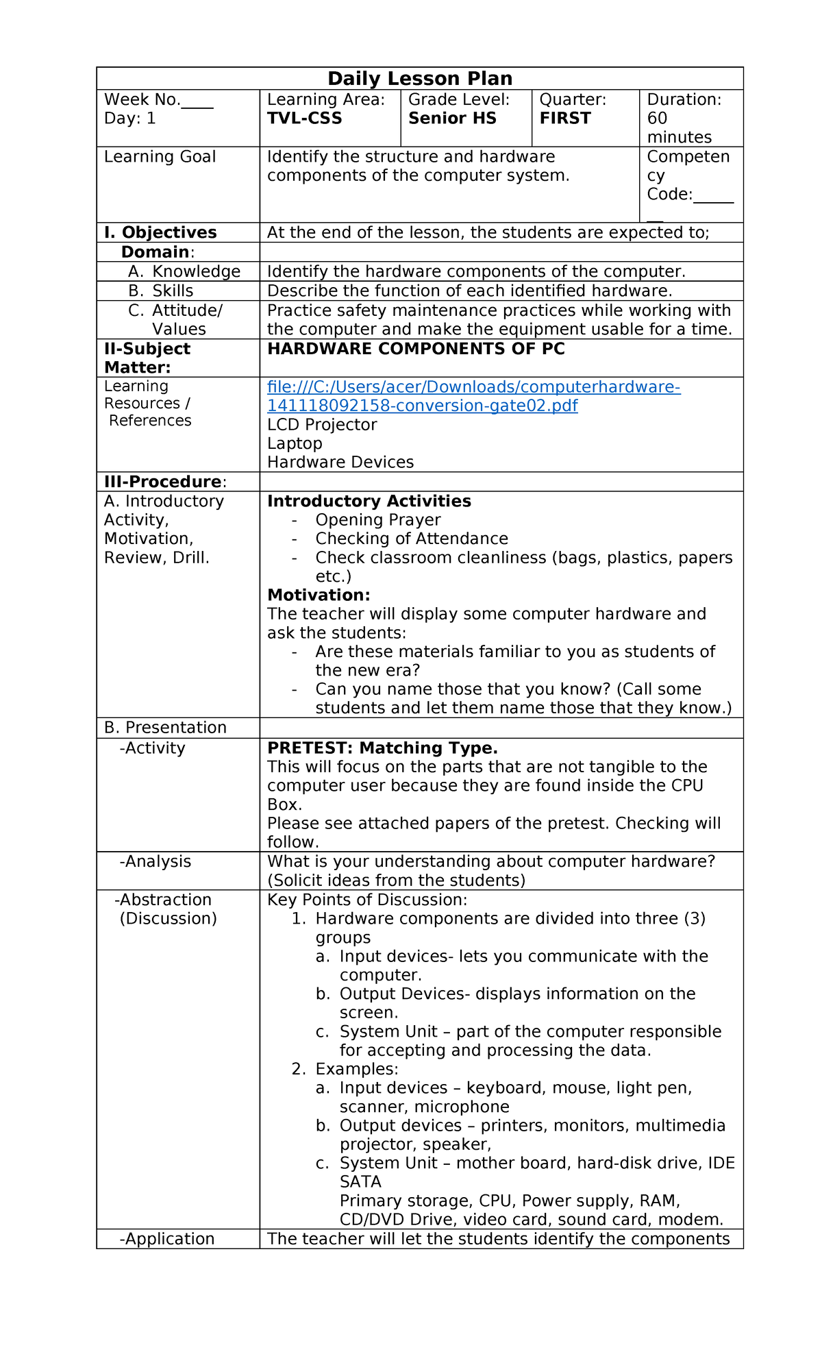 Lesson PLAN - Daily Lesson Plan Week No.____ Day: 1 Learning Area: TVL ...