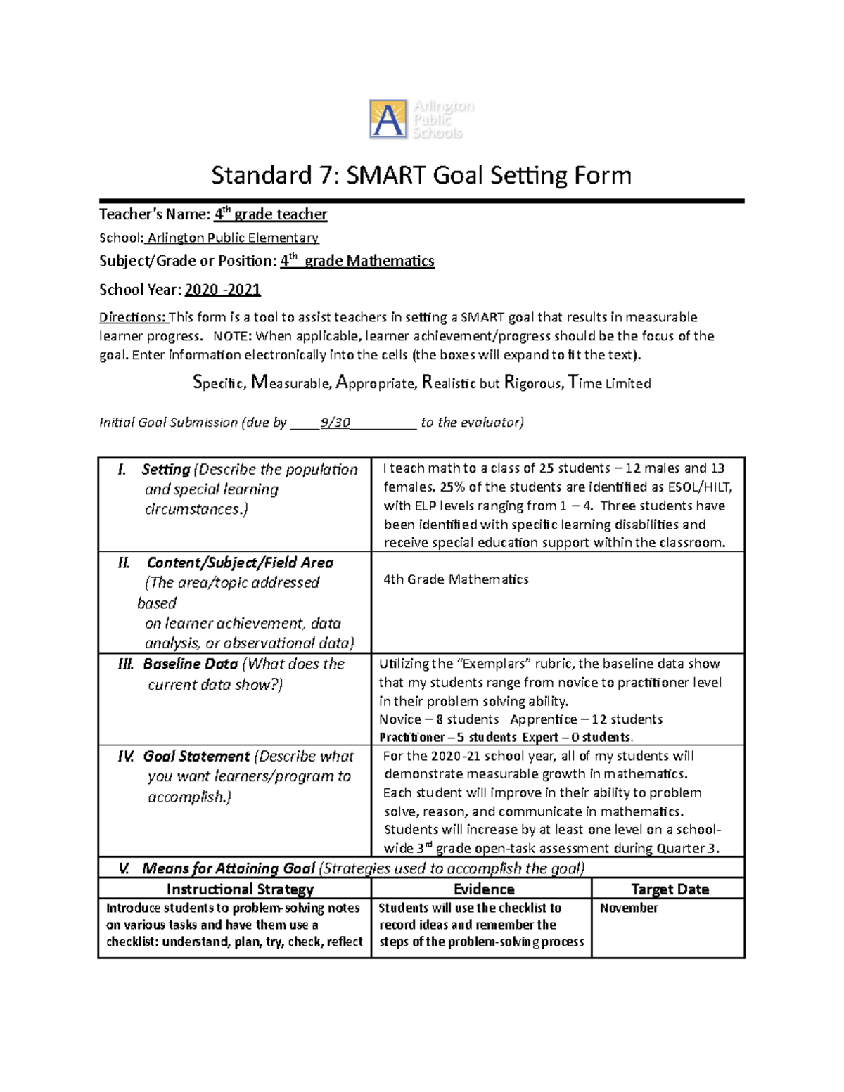 Grade4Math Smartgoalsample withdata11 Standard 7 SMART Goal