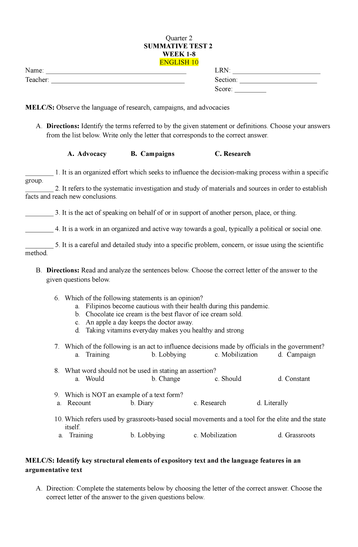 creative writing summative test quarter 2