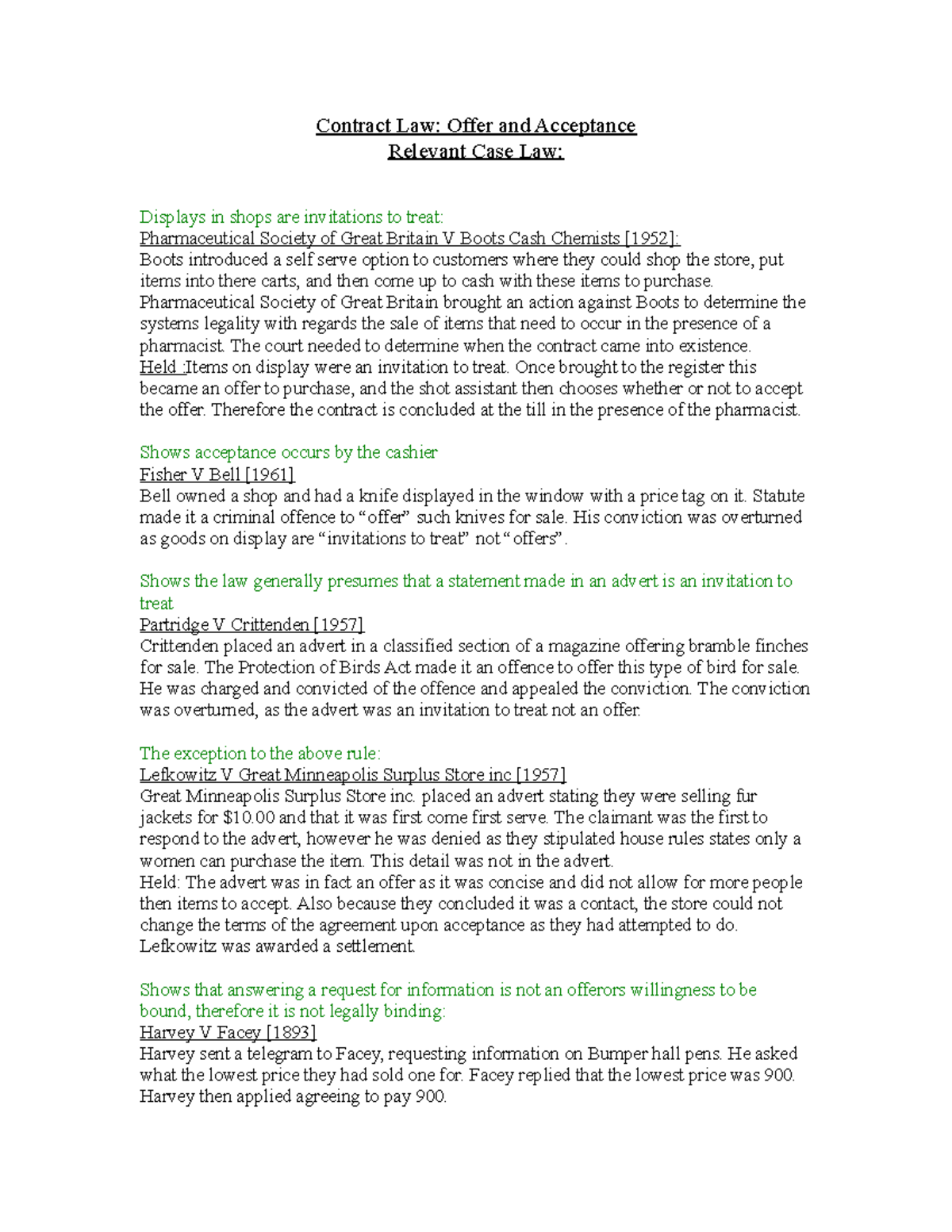 Contract Law Relevant Case Law Contract Law Offer and Acceptance