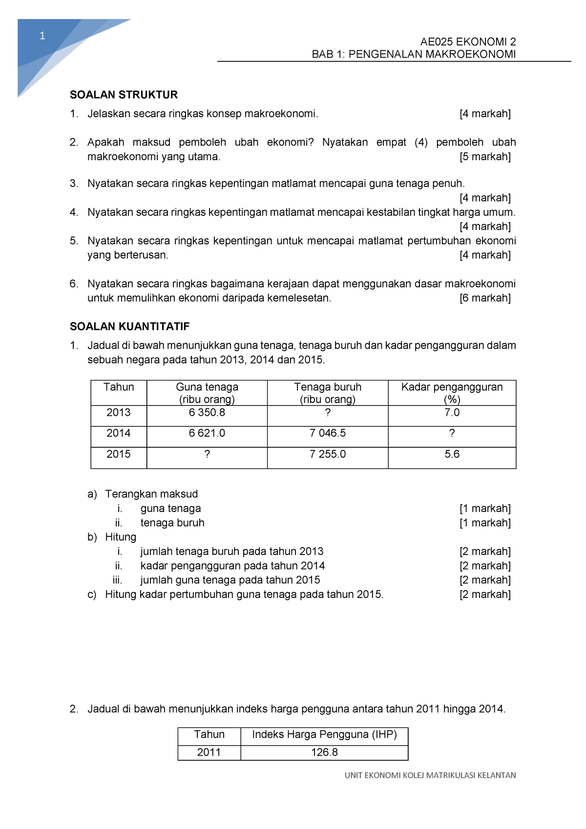 Soalan Tutoran BAB 1  AE025 EKONOMI 2 BAB 1 PENGENALAN MAKROEKONOMI