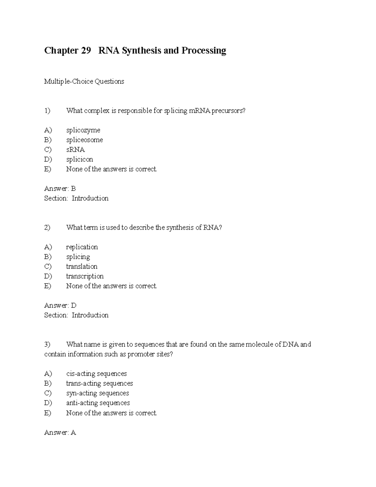 Berg 8e Testbank Chapter 29 - Chapter 29 RNA Synthesis And Processing ...