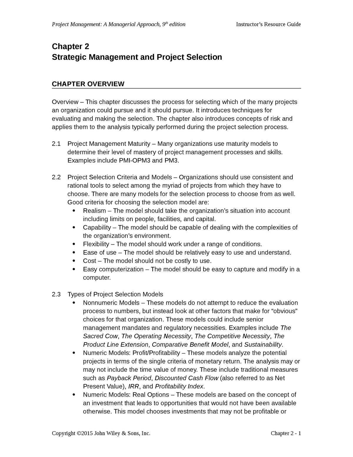 Project Management 9th Edition Meredith Solution Manual Chapter Strategic Management And Project Selection Chapter Overview Overview This Chapter Discusses The Studocu