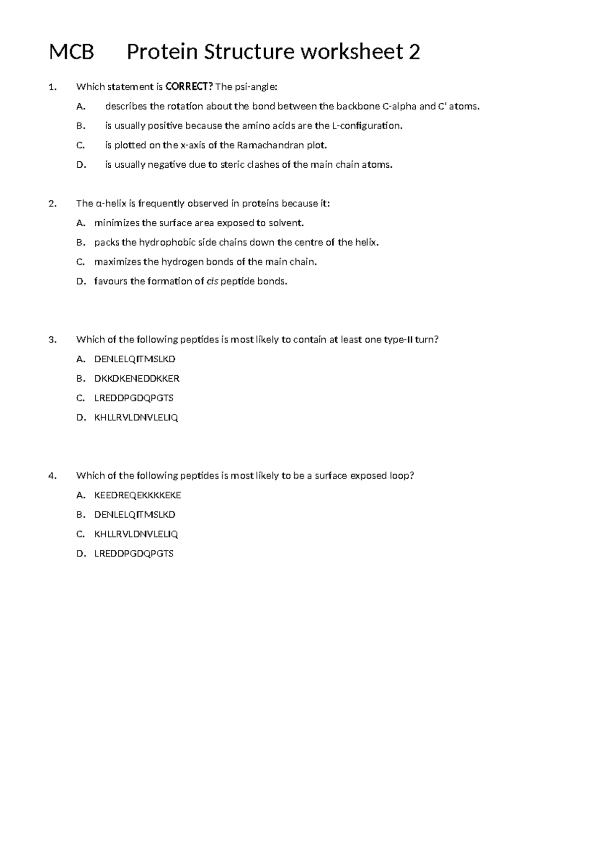 Protein Strucure worksheet 2 - Which statement is CORRECT? The psi ...