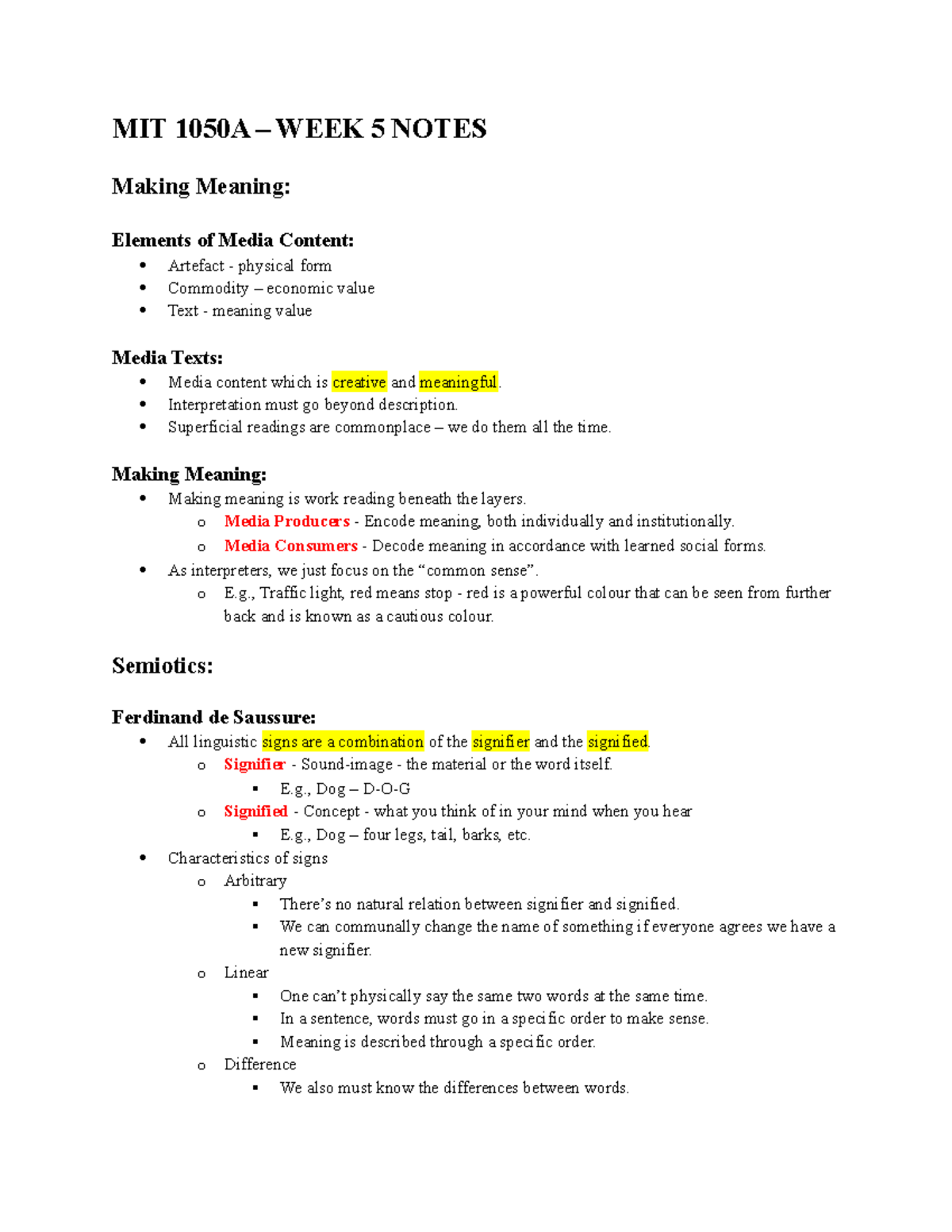 MIT 1050A - WEEK 5 Notes - MIT 1050A – WEEK 5 NOTES Making Meaning ...