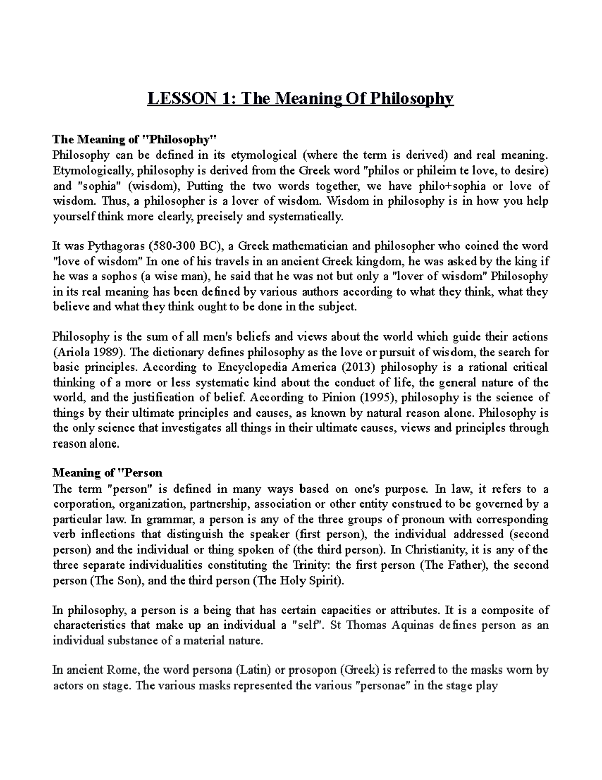 Philo Reviewer LESSON 1 The Meaning Of Philosophy The Meaning of