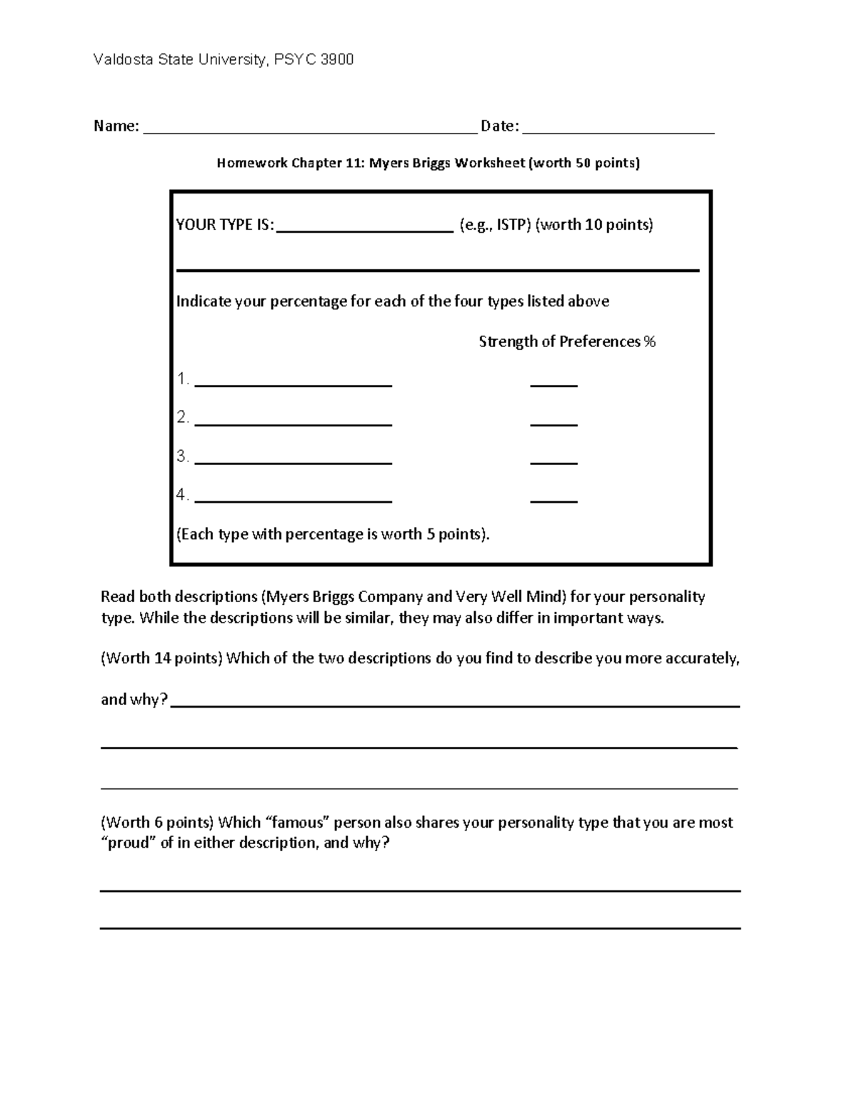 HWork Ch 11 Personality Worksheet - - Studocu