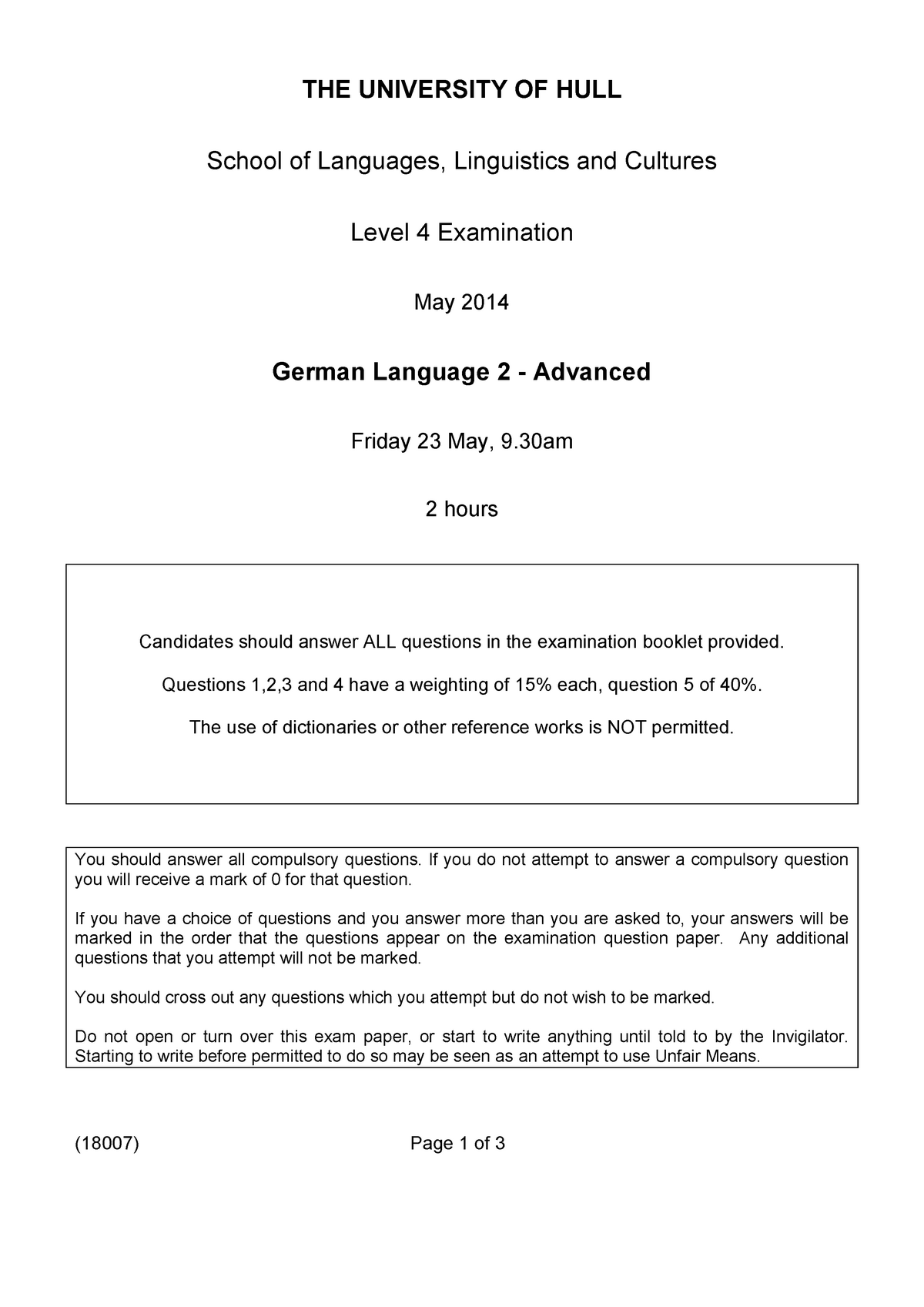 German Language 2 Advanced 2014 - THE UNIVERSITY OF HULL School Of ...