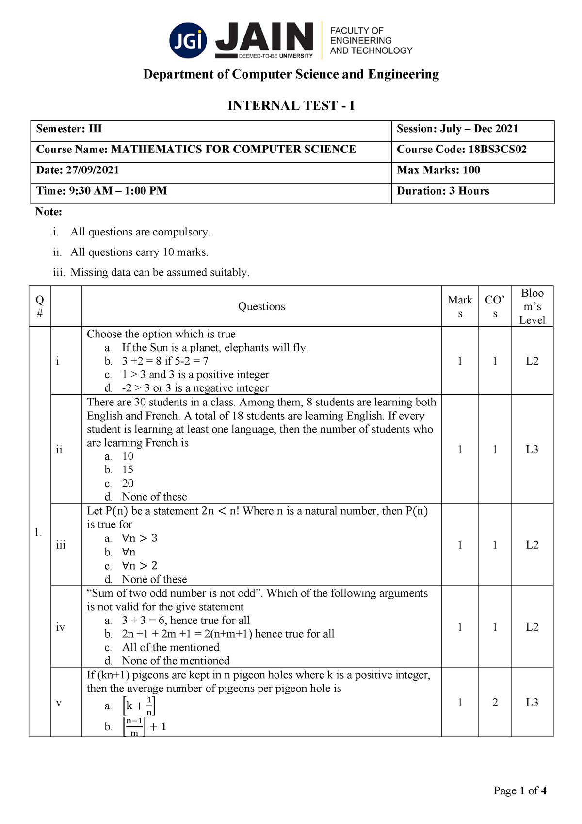 Internal TEST - I - Department Of Computer Science And Engineering Page ...