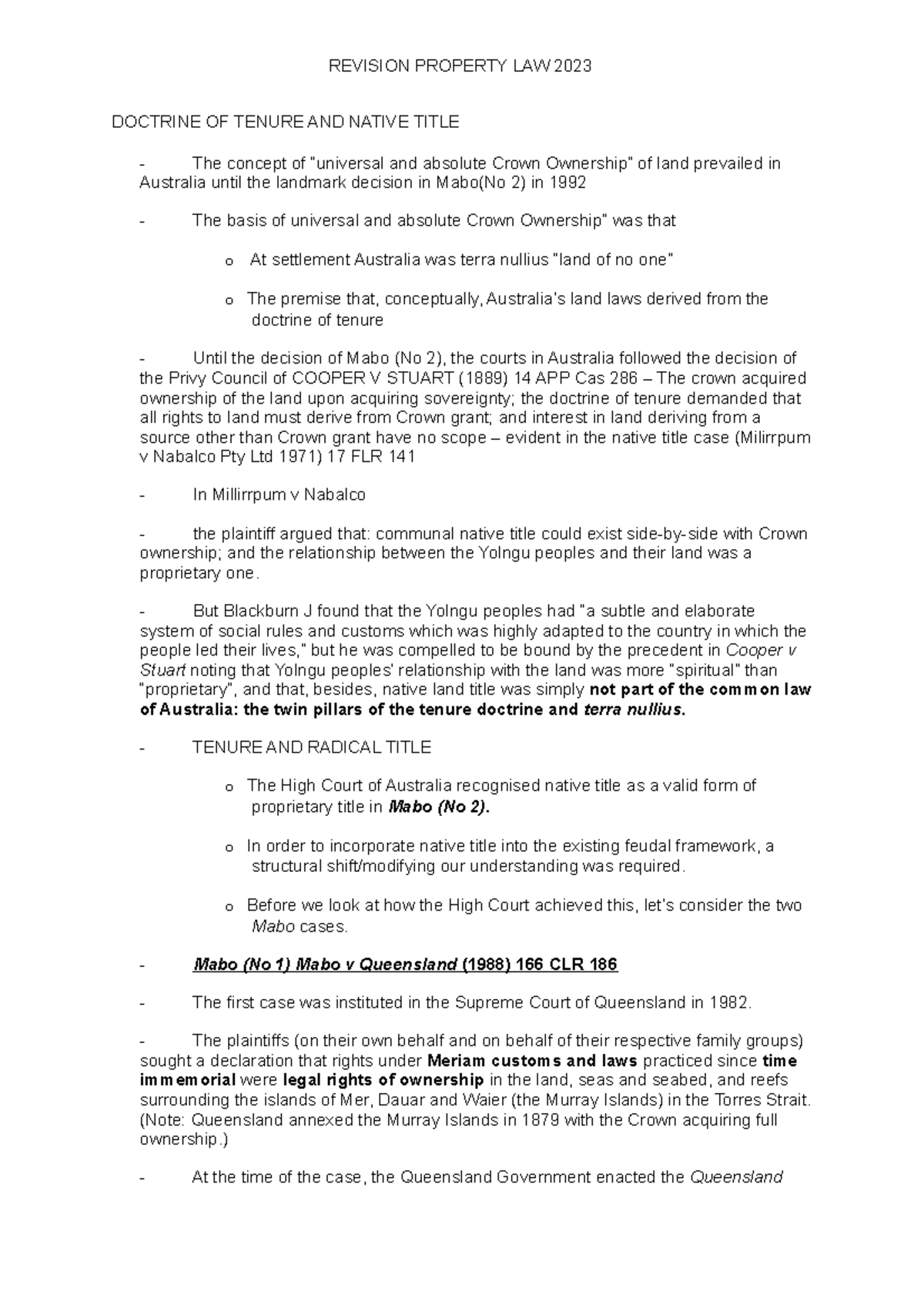 2023 EXAM Revision Property LAW DOCTRINE OF TENURE AND NATIVE TITLE
